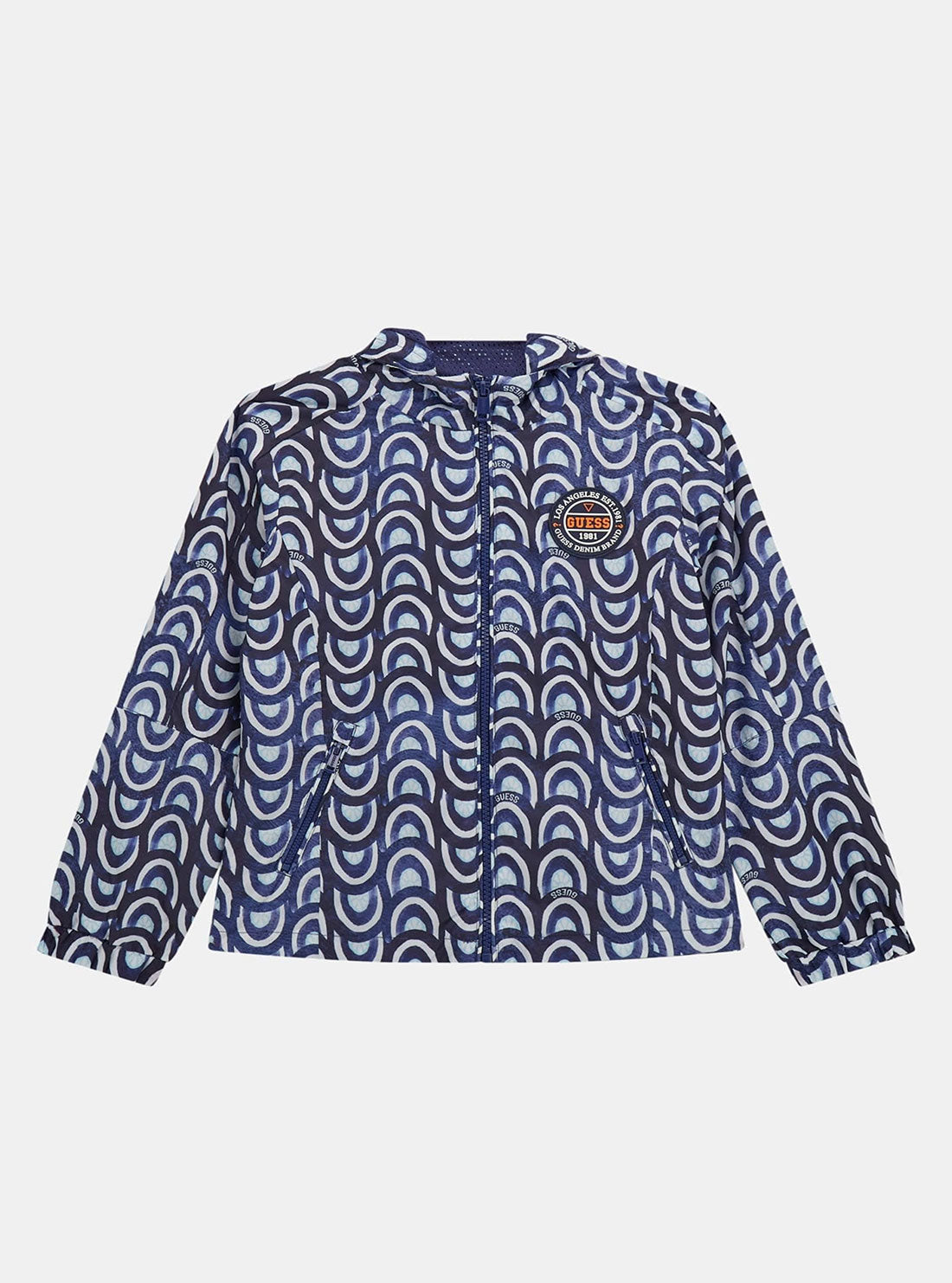 Blue Floral Tile Print Hooded Windbreaker Jacket for Women - Lightweight Waterproof Windbreaker with Hood (Sizes 7-16) - Perfect for Outdoor Hiking, Running & Spring Fashion