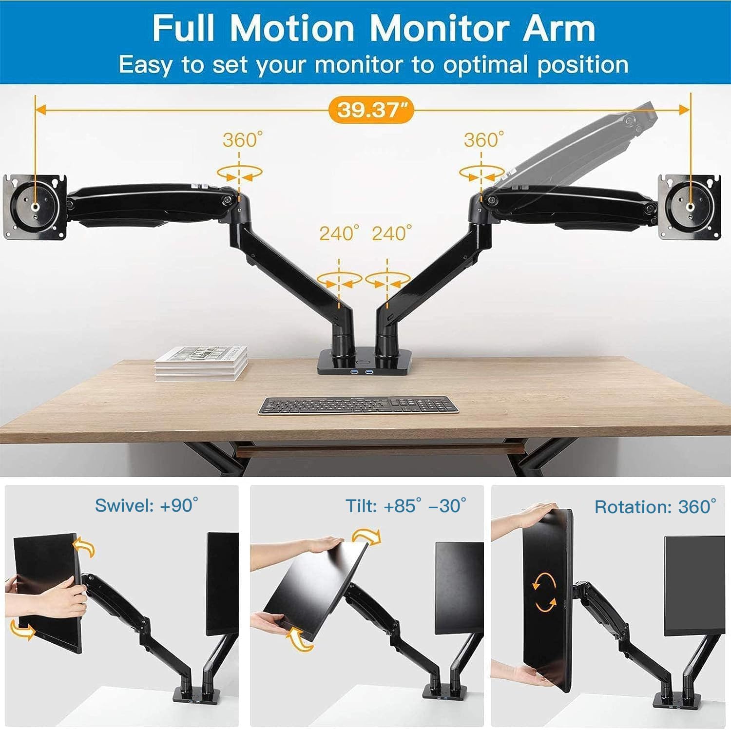 HUANUO Dual Monitor Arm Stand for 13-40 Inch Screens - Adjustable Height Gas Spring Monitor Mount for 2 Computer Displays (Up to 26.4 lbs Each) - Clamp/Grommet Base - Perfect for Home Office, Gaming Setup & Workstation Ergonomics
