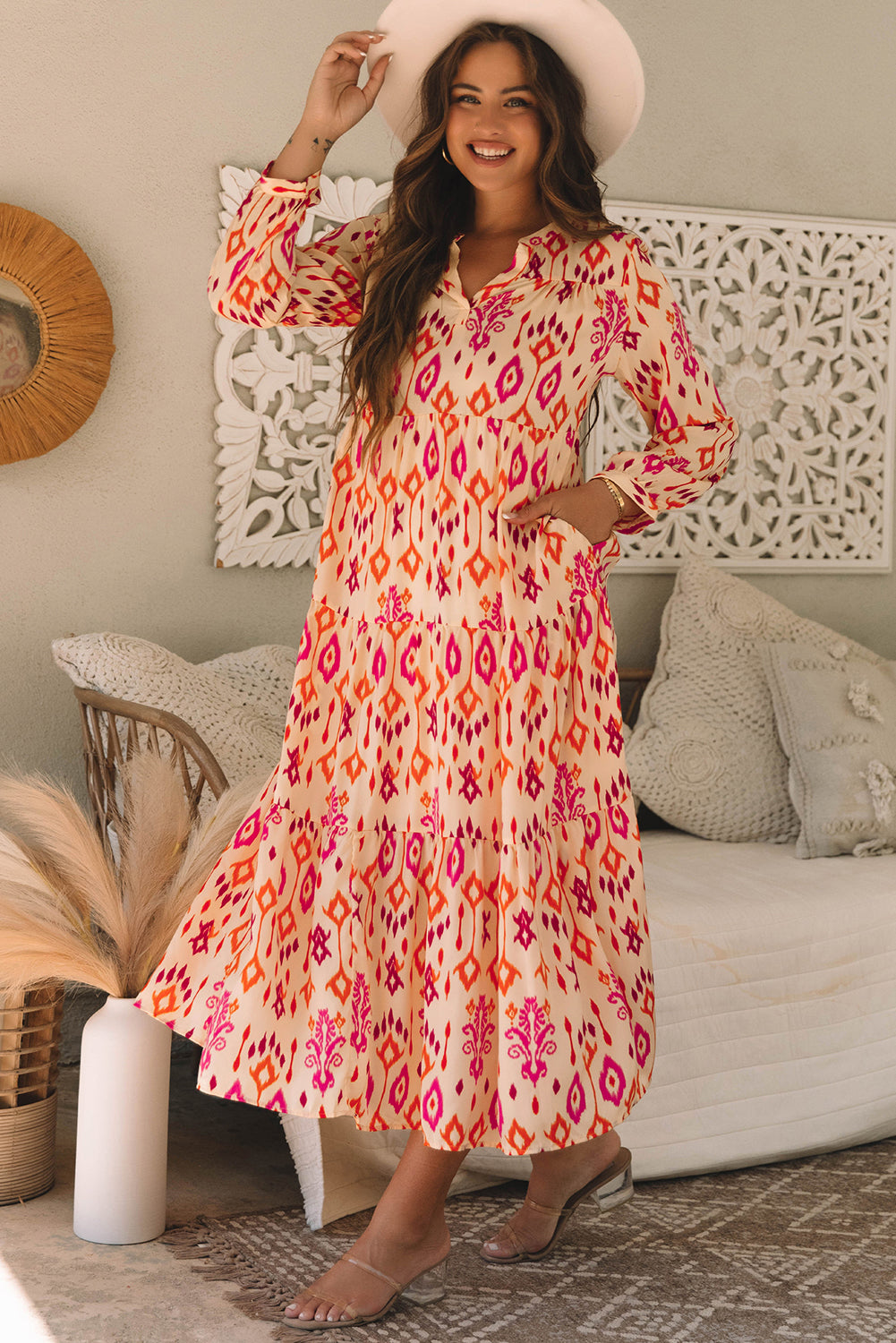 Stylish Western Abstract Geometric Printed Maxi Dress for Women - Perfect for Summer Vacations, Beach Parties & Boho Fashion