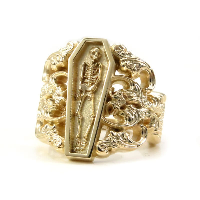 Memento Mori Ring - Baroque Gold Scrolls Skeleton Mourning Jewelry - Gothic Style Fine Silver Ring for Men & Women - Perfect for Halloween, Gothic Weddings & Dark Fashion Accessories