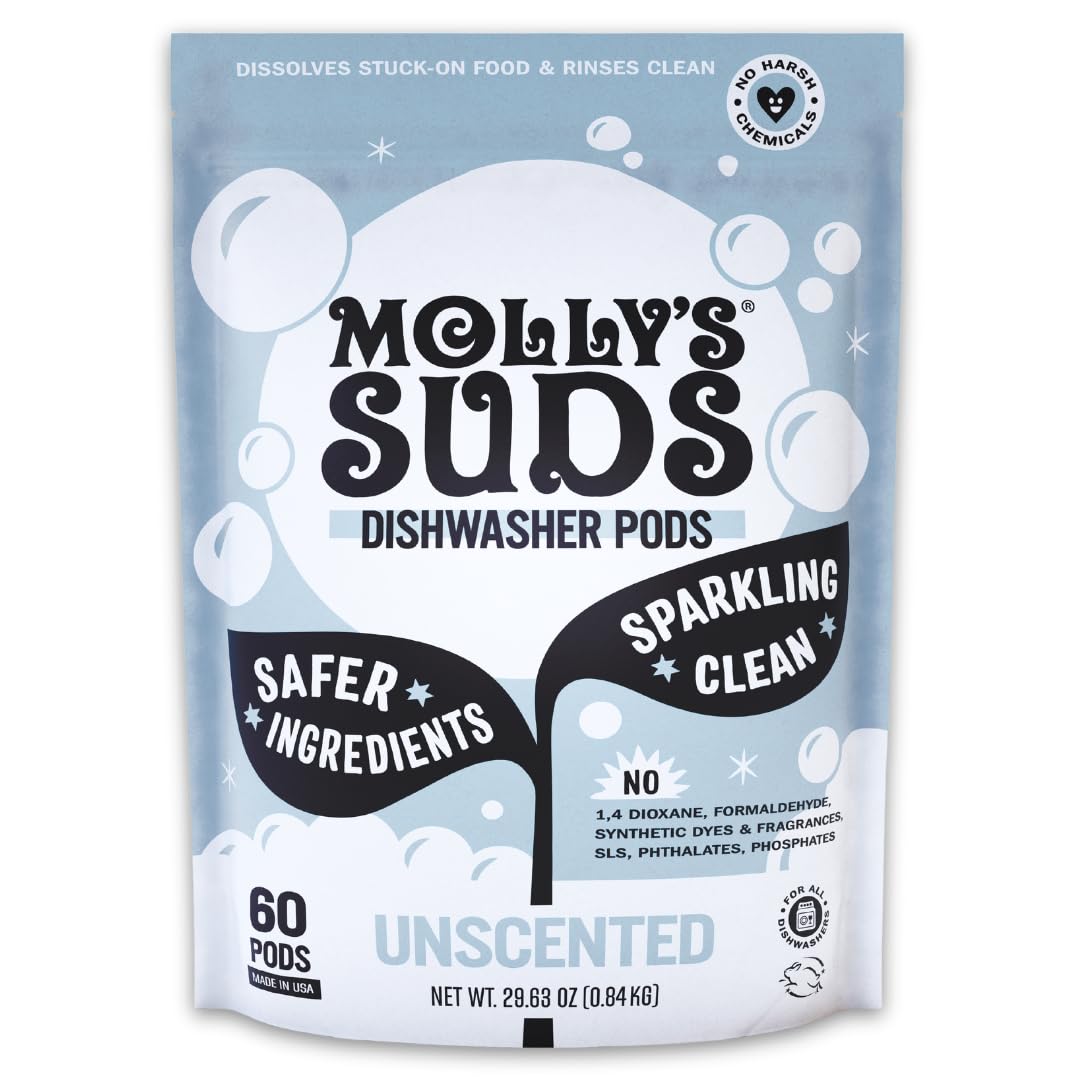 Molly's Suds Dishwasher Pods - Unscented Dishwasher Detergent Tablets, 60 Count | Residue-Free, Cuts Grease & Leaves Dishes Sparkling Clean | Perfect for Daily Dishwashing & Hard Water Areas
