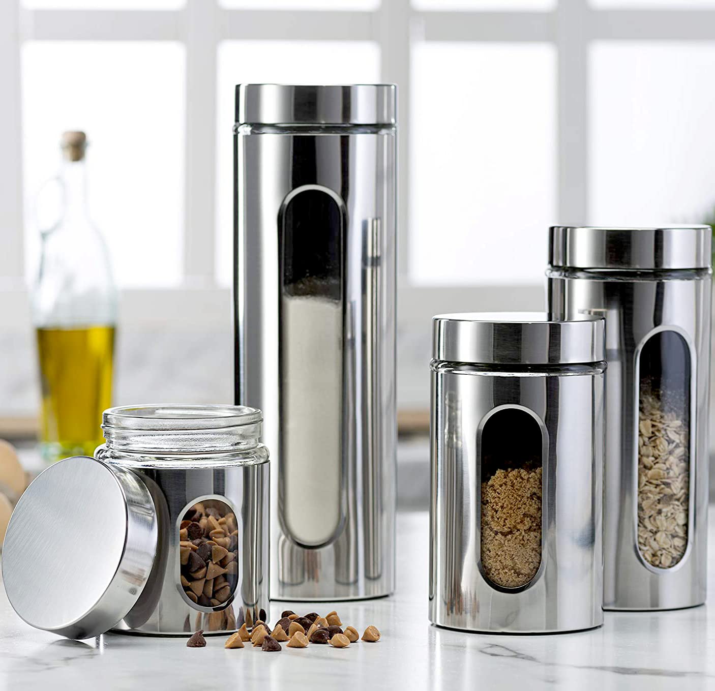 Premium 4-Piece Stainless Steel Food Storage Canister Set with Glass Window & Airtight Lids - Kitchen Countertop Pantry Organization for Coffee, Flour, Rice, Pasta, Spices & Herbs - Ideal for Baking, Cooking & Home Kitchen Storage