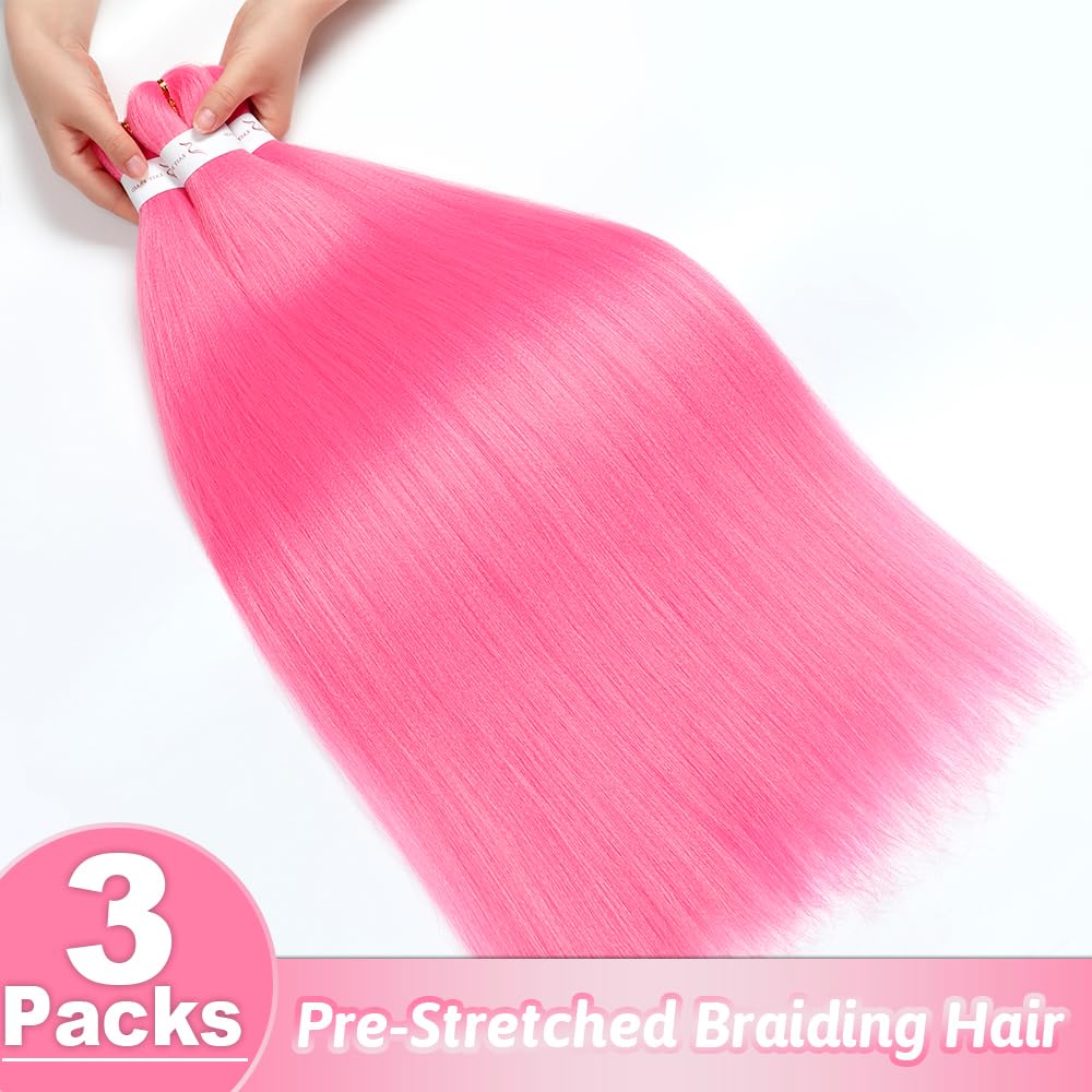 Pre-Stretched Braiding Hair 32 Inch - Pink Synthetic Hair Extensions for Yaki Braids, Hot Water Setting, Crochet Hair (3 Packs, Pink) - Perfect for Protective Styles, Box Braids & Everyday Wear