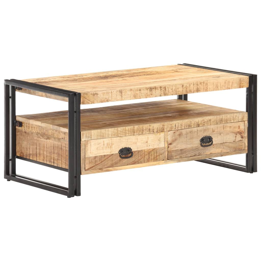 Industrial Mango Wood Coffee Table with Steel Legs & 2 Drawers - Living Room Centerpiece