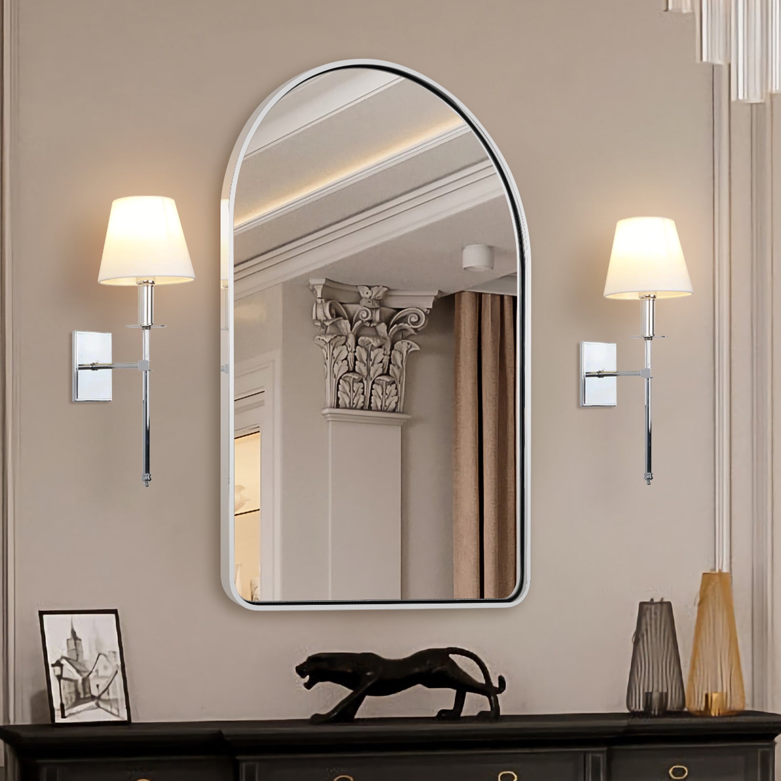 Stainless Steel Arched Wall Mirror with Bold Metal Frame - Elegant Home Decor for Living Room, Bedroom & Entryway