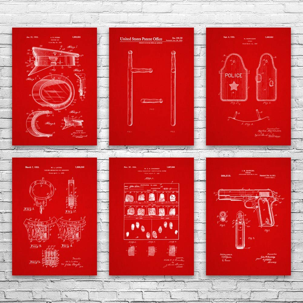 Police Station Patent Posters Set of 6 - Law Enforcement Wall Art Decor with Officer Hat Design - Perfect Police Gift & Cop Themed Room Decor (12x16 Inch Red Fabric) - Ideal for Police Offices, Law Enforcement Appreciation Gifts & Home Decor
