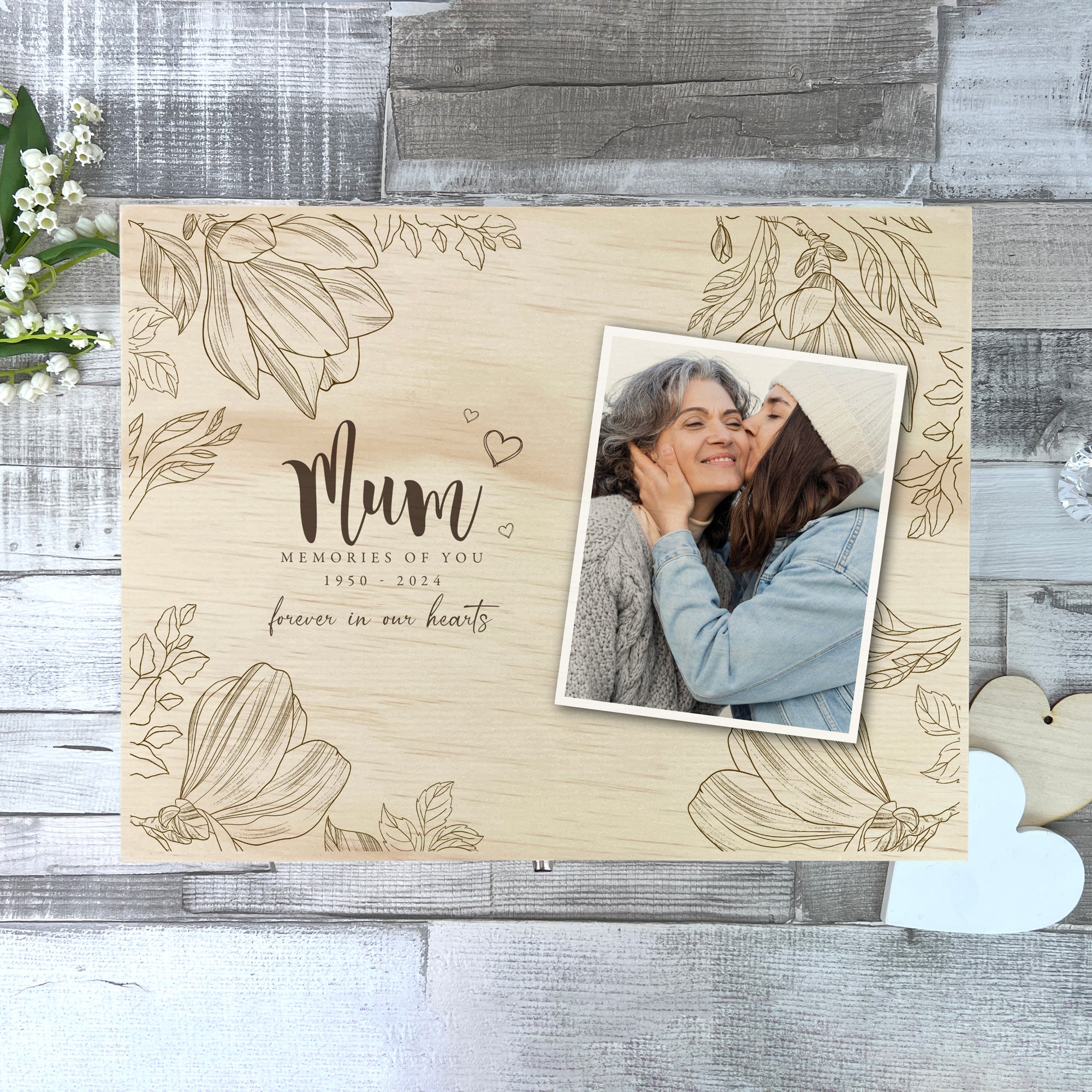 Personalized Floral Pine Wood Memorial Photo Keepsake Box - Handcrafted Wooden Memory Chest for Ashes, Photos & Mementos (5 Sizes: 16cm, 20cm, 26cm, 30cm, 36cm) - Perfect for Funeral, Anniversary, Wedding & Family Heirloom Preservation