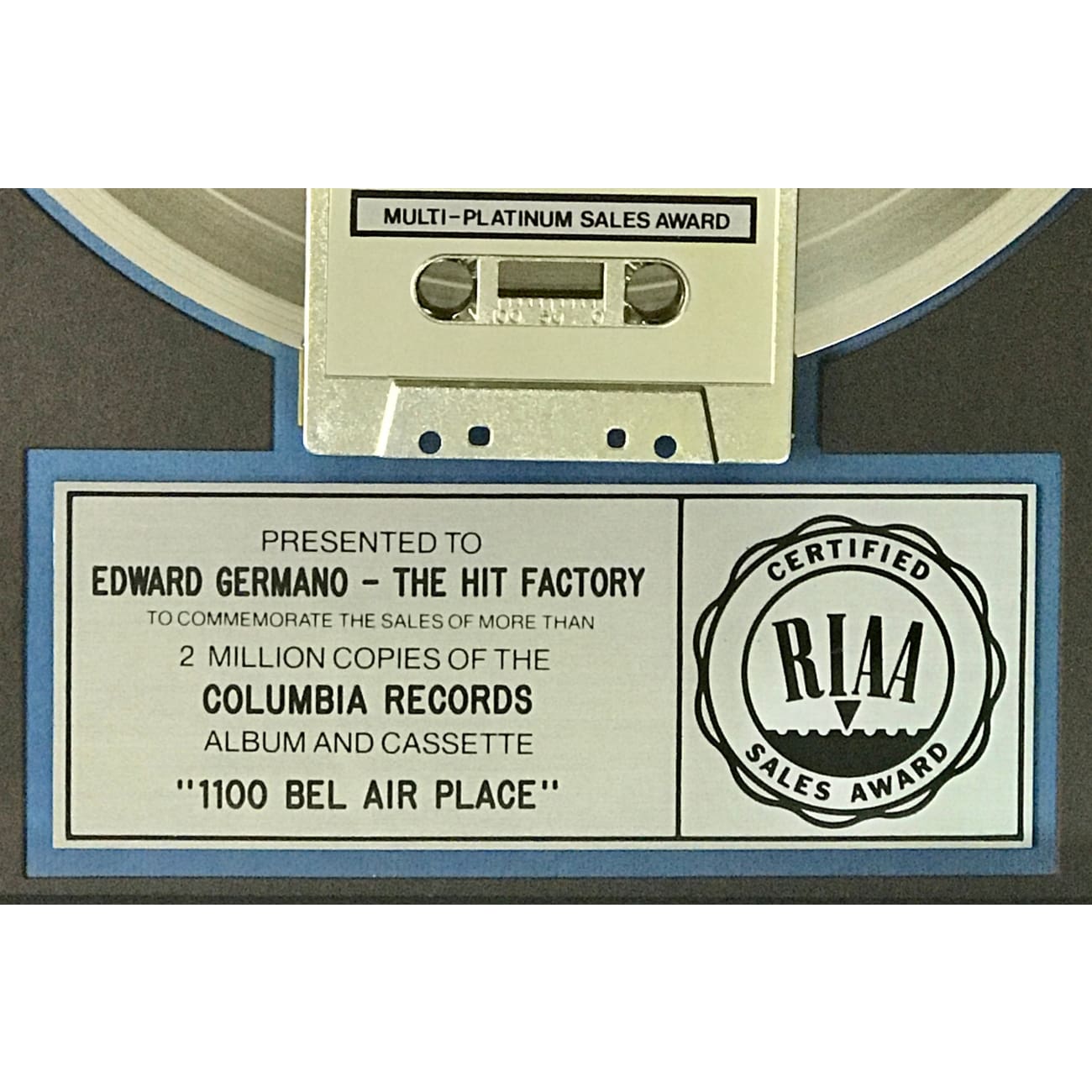 Julio Iglesias 1100 Bel Air Place 2x Platinum Album Award - RIAA Certified Collectible Music Memorabilia for Fans & Home Decor