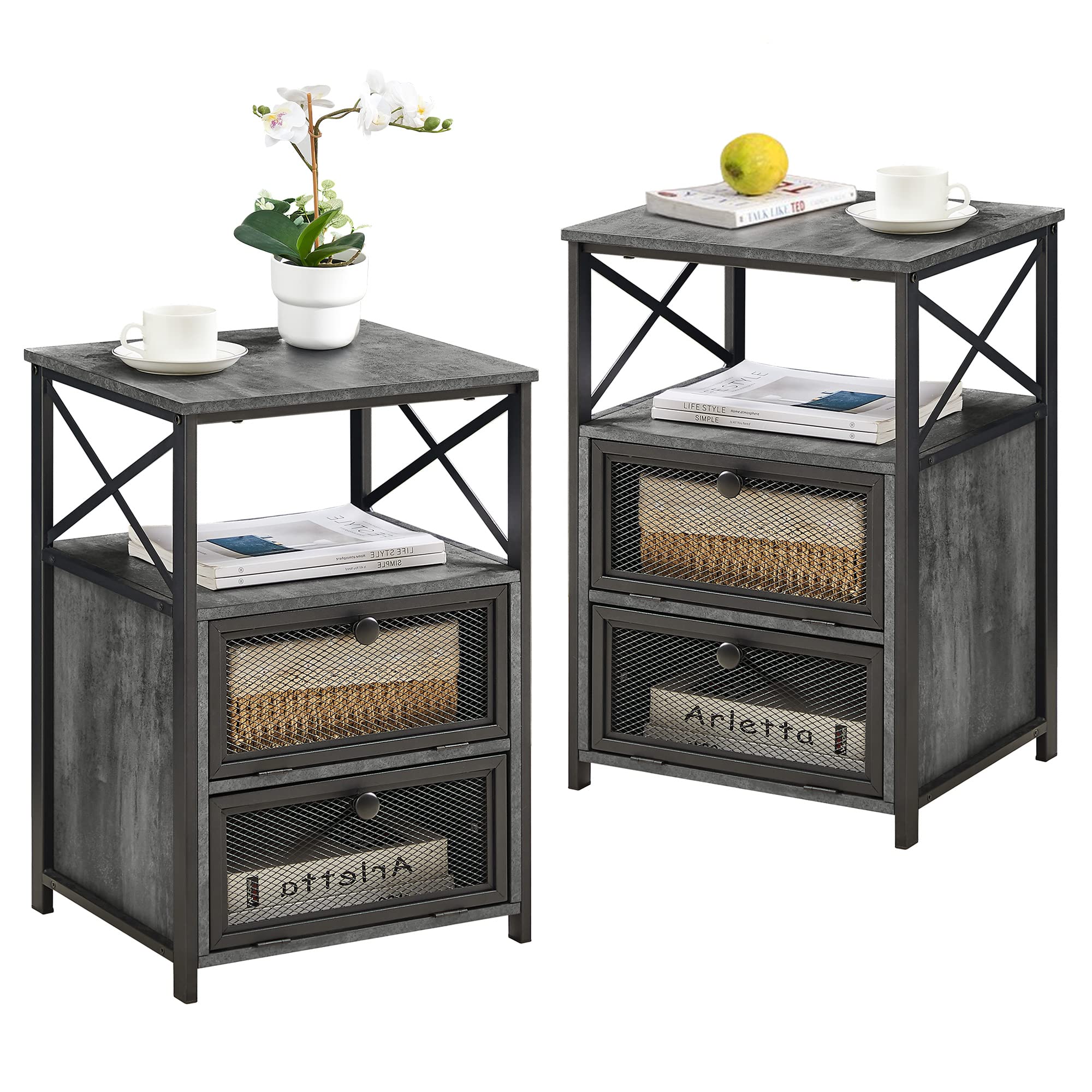 VECELO Modern End Table with Storage Drawer & Shelf - Set of 2 Nightstands for Bedroom, Living Room, Office or Lounge - Space-Saving Furniture in Charcoal Grey - Perfect for Small Spaces, Apartment Decor & Guest Room Essentials