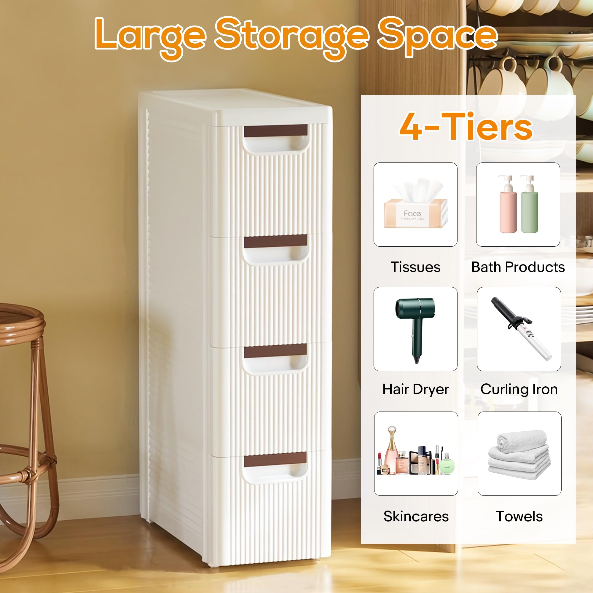 4-Drawer Slim Bathroom Storage Cabinet - Narrow Plastic Rolling Cart Organizer with Wheels for Small Spaces - Perfect for Kitchen, Laundry, Office & Bedroom (White) - Space-Saving Solution for Apartments, Dorms & Tiny Homes