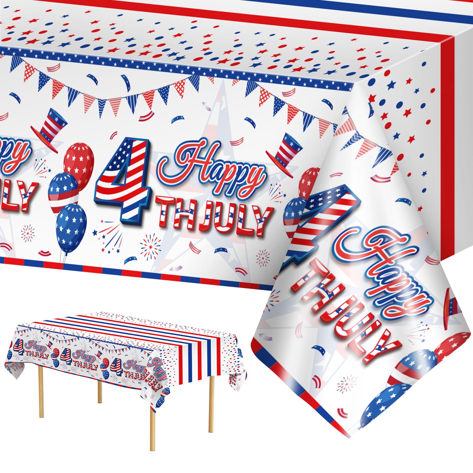 2 Pack Patriotic Independence Day Tablecloth Decorations - Red White Blue Plastic Disposable Rectangle Table Cover for 4th of July Party, BBQ, Picnic & Outdoor Celebrations - 108 x 54 Inch
