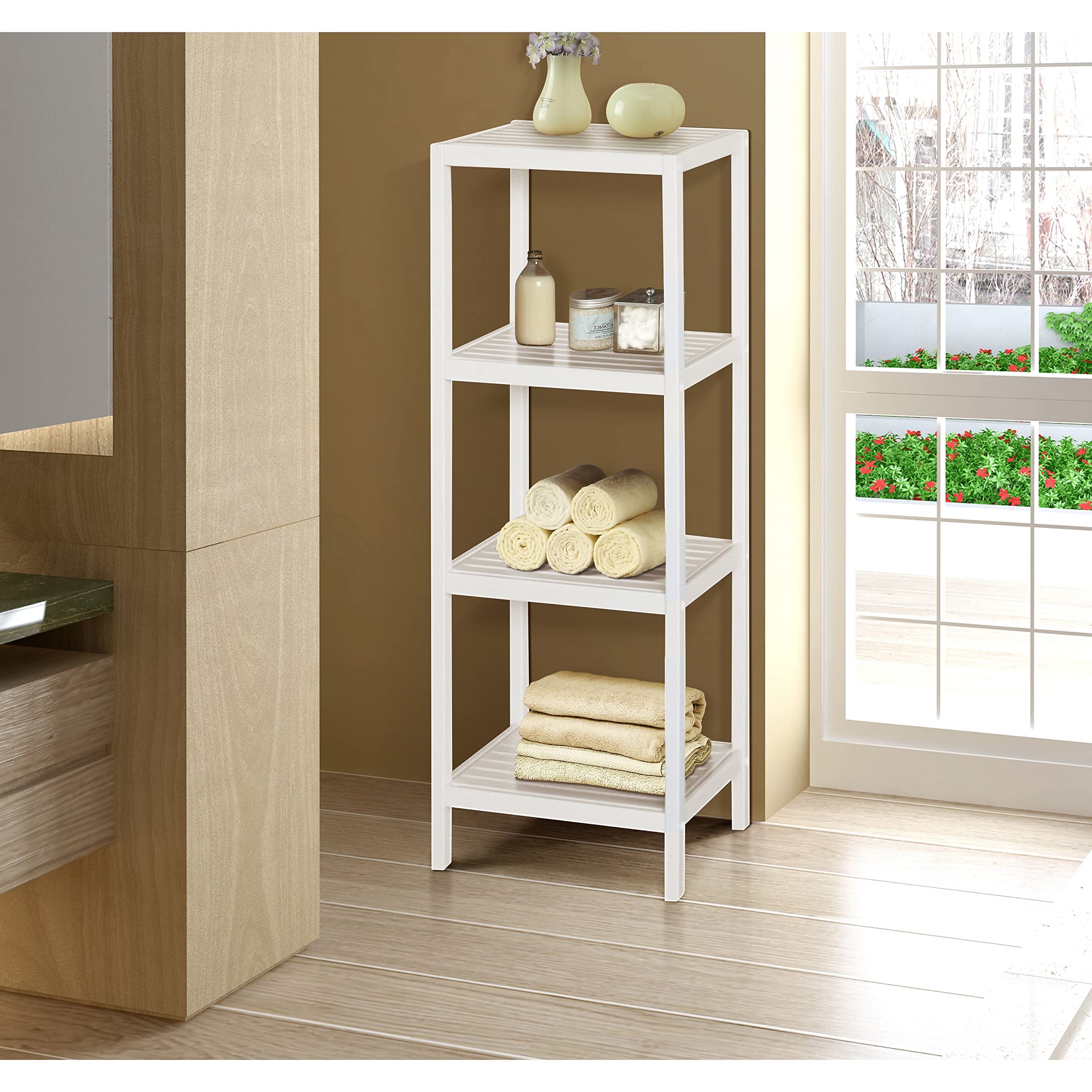 Natural Bamboo Spa Shelf Tower - 4-Tier Bathroom Organizer for Towels, Toiletries & Decor | Perfect for Bathroom, Spa & Home Storage
