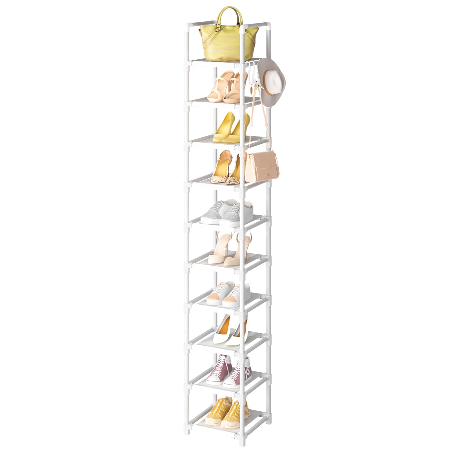 10-Tier Narrow Shoe Organizer for Closet - Tall Vertical Shoe Rack Holds 10-15 Pairs, Space-Saving Metal Shelf with 5 Hooks for Small Spaces - Perfect for Bedroom, Entryway, or Closet Organization