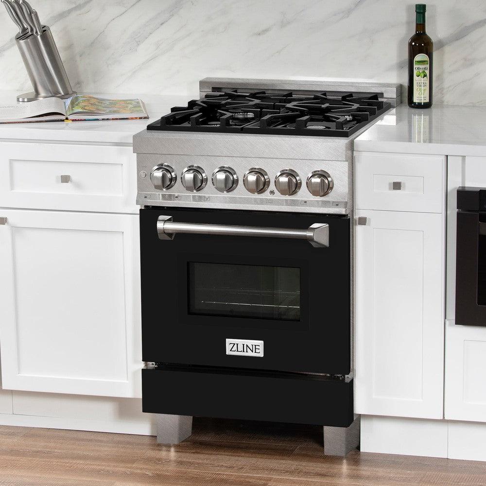 ZLINE 24 Inch 2.8 Cu. Ft. Dual Fuel Range - 4 Burner Gas Cooktop & Electric Convection Oven - Satin Stainless Steel with Black Matte Door (RAS BLM 24) - Perfect for Modern Kitchens & Professional Cooking