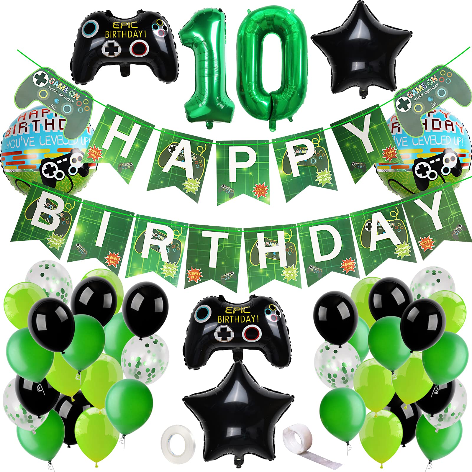 53 PCS Video Game Party Supplies Kit - 1st or 10th Birthday Decorations for Boys with Gaming Banner & Green Balloons | Perfect for Kids Birthday Parties, Gaming Themed Events & Nerf Battle Celebrations