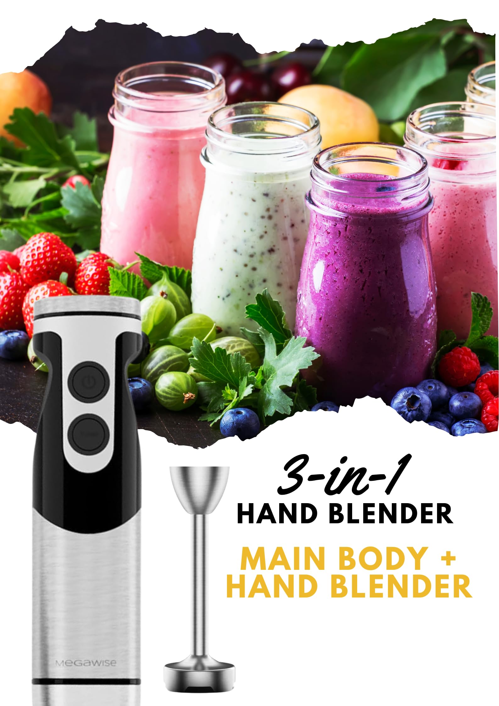 MegaWise 3-in-1 Immersion Hand Blender with Titanium-Reinforced Stainless Steel Blades - 12 Speed Settings, Whisk & Milk Frother Included - Powerful 800W Motor for Smoothies, Soups & Baking (Black) - Perfect for Kitchens, Restaurants & Home Chefs