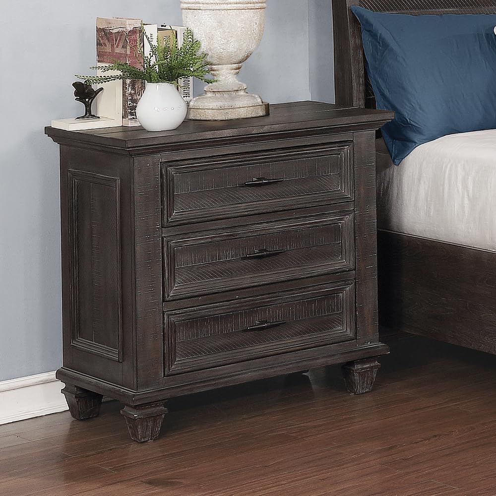 Coaster Home Furnishings Atascadero 3-Drawer Wood Nightstand with USB Charging - Transitional Bedside Table for Bedroom Storage | Weathered Carbon Finish | Perfect for Small Spaces & Device Charging