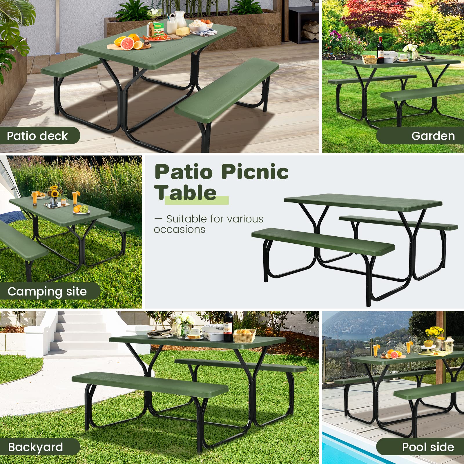 Moccha Portable Plastic Picnic Table Bench Set with Steel Frame & Wood-Like Texture - Heavy Duty All-Weather Outdoor Dining Set for Garden, Patio, Backyard, Camping and Party Gatherings (Green)