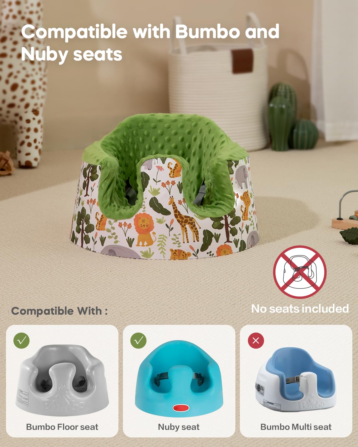 Breathable Baby Bumbo Seat Cover - Soft Floor Seat Cover for Boys & Girls with Pacifier Clips & Safe Teething Bells Toys (Green) | Perfect for Playtime, Feeding, and Learning at Home