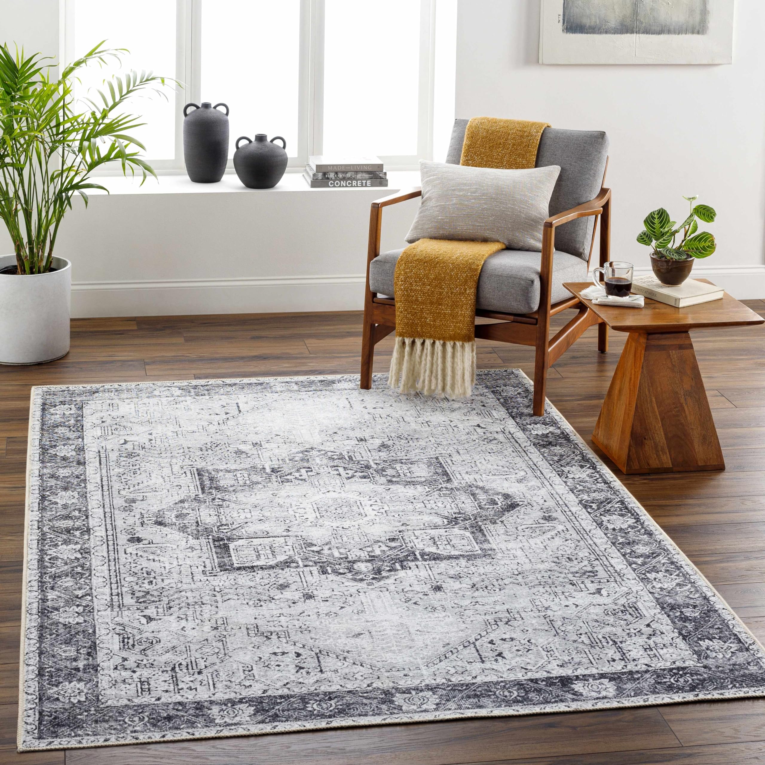 Hauteloom Kyan Washable Area Rug - Traditional Design in Gray, Black, Peach - 6'7