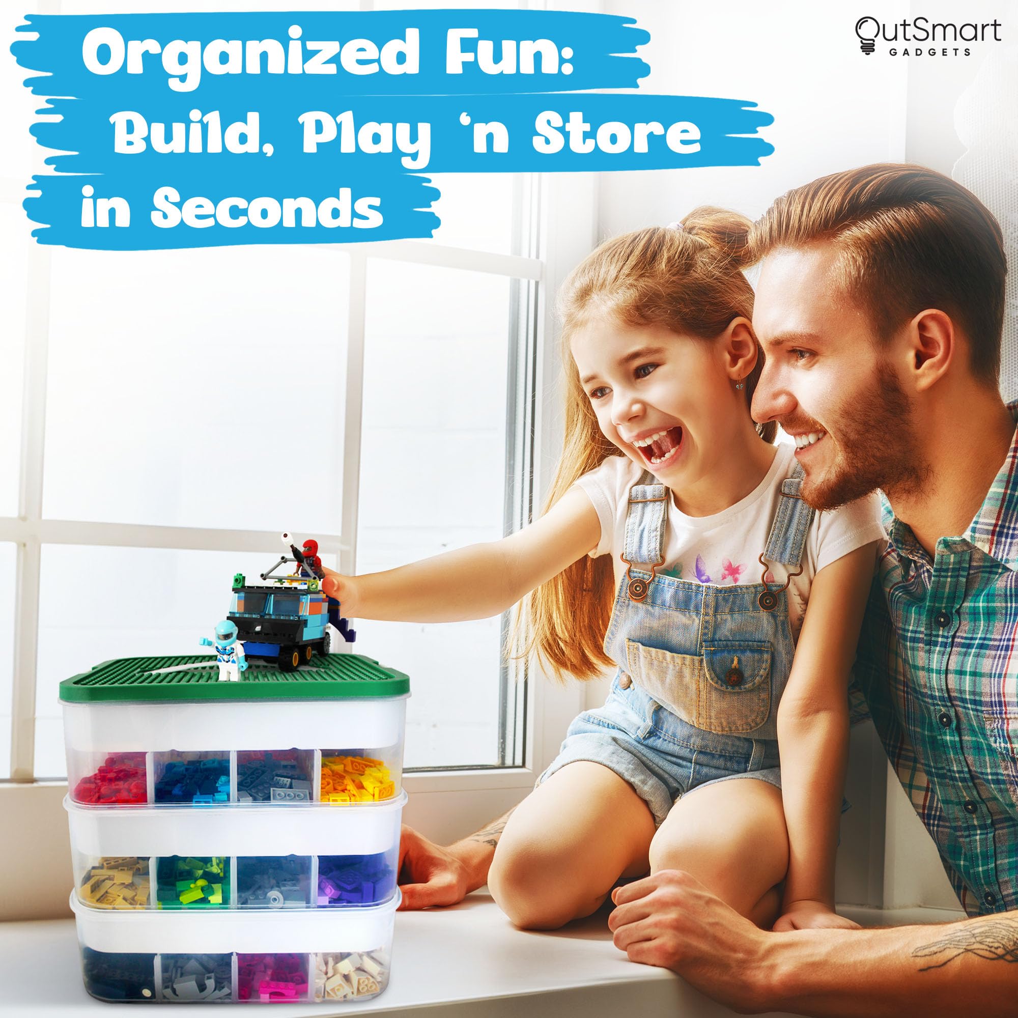 Stackable Plastic Toy Storage Organizer Bin for LEGO, Building Blocks, Dolls & Crafts - 3-Tier Adjustable Compartment Organizer with ABC Stickers & 2 Lids - Perfect for Kids' Room, Playroom & Classroom Organization