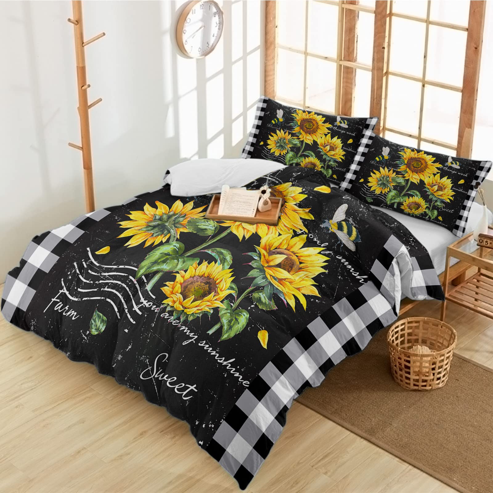 3-Piece Luxury Microfiber Duvet Cover Set - Full Size Sunflower & Buffalo Plaid Design with Pillowcases | Soft Farmhouse Bedding for Cozy Bedroom Decor | Perfect for Guest Rooms, Dorms & Master Bedrooms