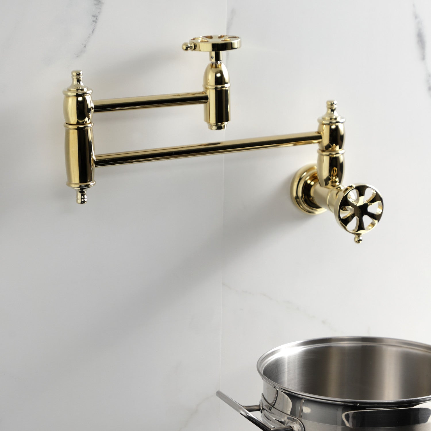 Belknap KS3102RX Two Handle Wall Mount Pot Filler Faucet - Polished Brass Finish - Ideal for Kitchen Sink, Stove & Cooking Area