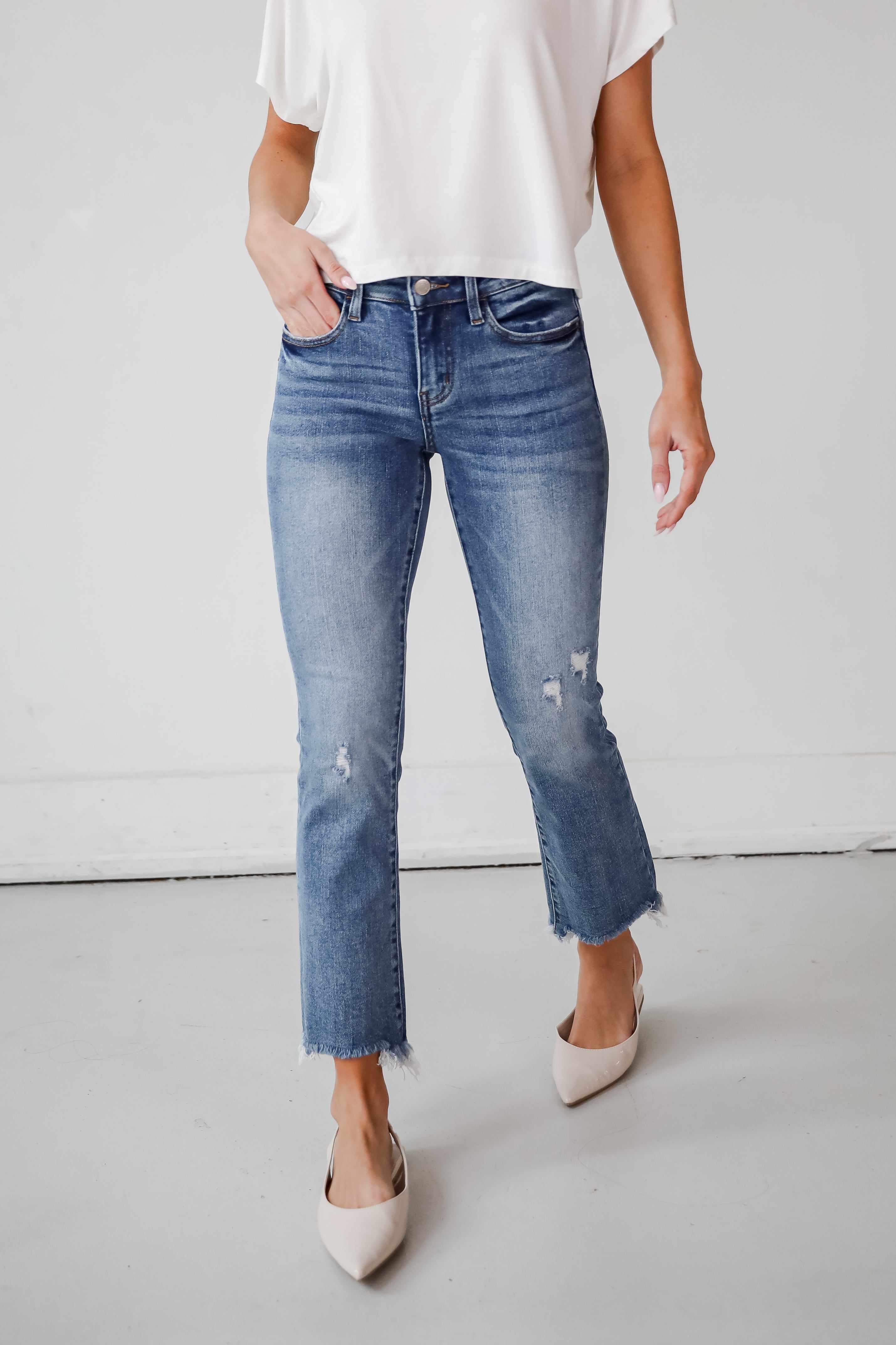 Amber Medium Wash Mid Rise Ankle Bootcut Jeans for Women - Comfortable Stretch Denim Pants for Casual Wear & Everyday Outfits