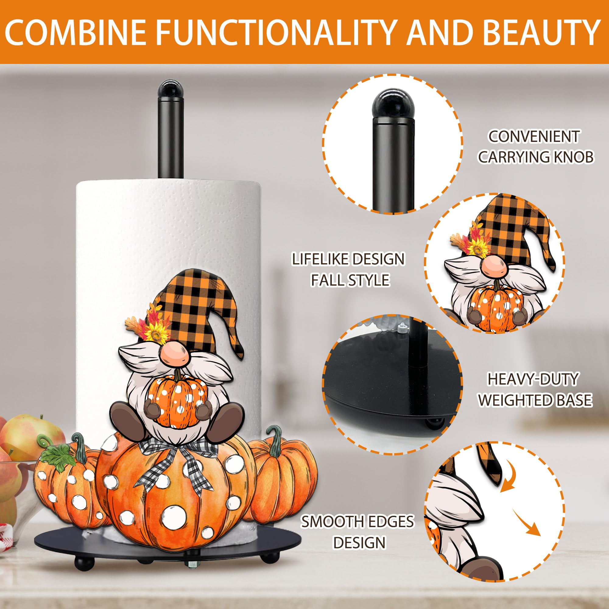 HexaGram Fall Paper Towel Holder - Rustic Farmhouse Kitchen Decor with Pumpkins & Gnomes, Large Countertop Towel Stand (13.4