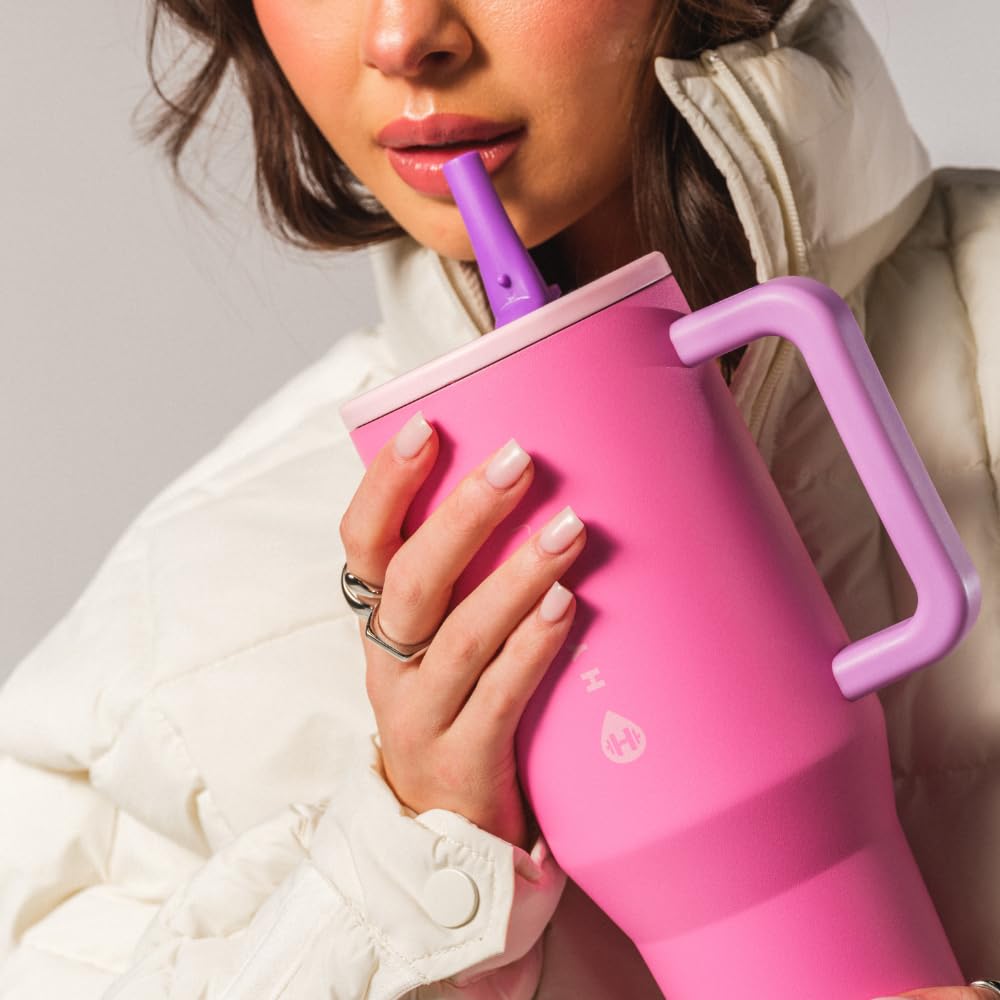 HydroJug Traveler - 40 oz Insulated Stainless Steel Water Bottle with Handle & Flip Straw - Leak Proof Tumbler with Rubber Base - Fits in Car Cup Holder - Perfect Gift for Women & Men (Pink Sugar) - Ideal for Gym, Hiking, Office & Travel Hydration