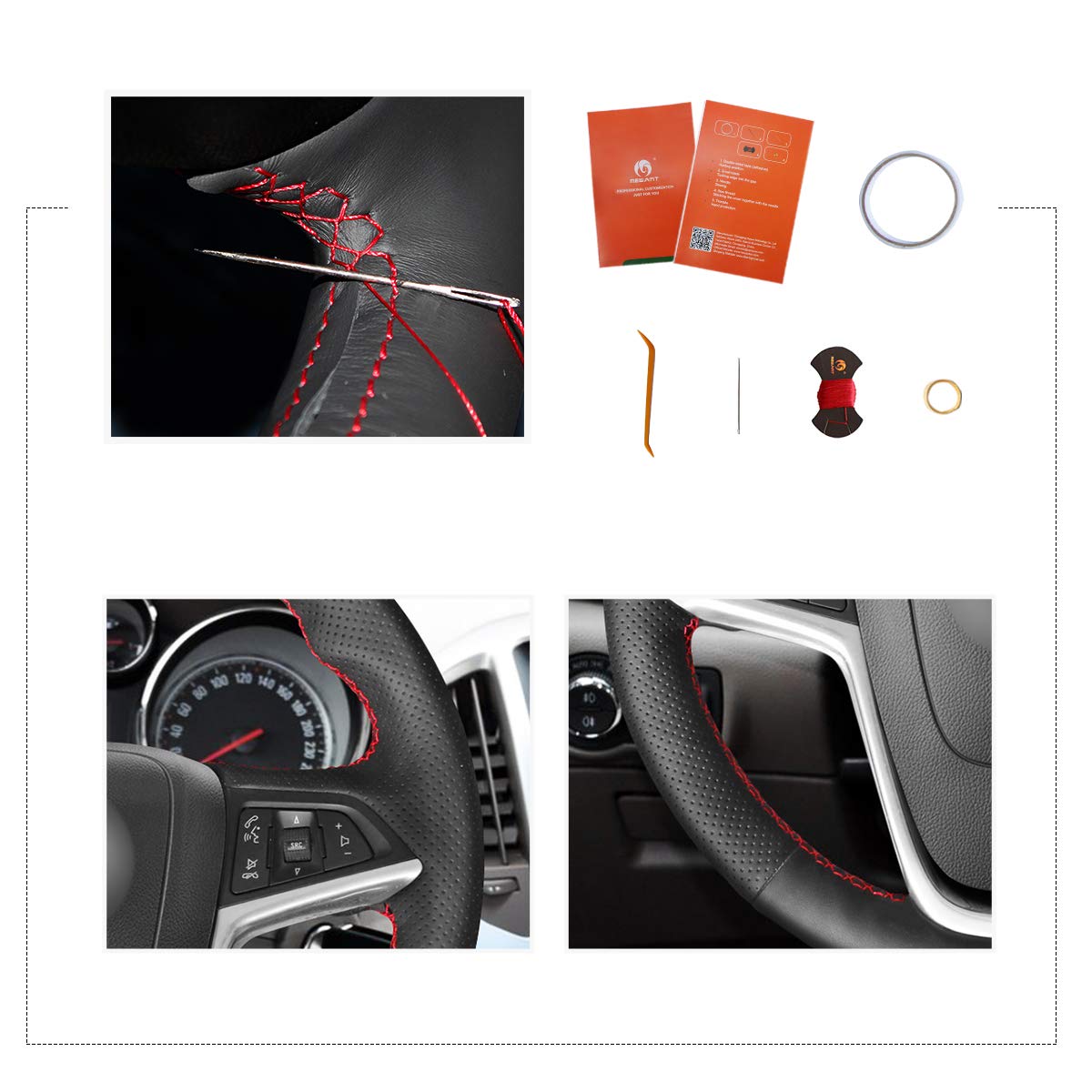 MEWANT DIY Hand-Stitched Genuine Black Leather Steering Wheel Cover - Fits Buick Encore (2013-2019), Verano (2012-2017), Cascada (2016-2019) - Upgrade Your Car Interior with Premium Leather Wrap
