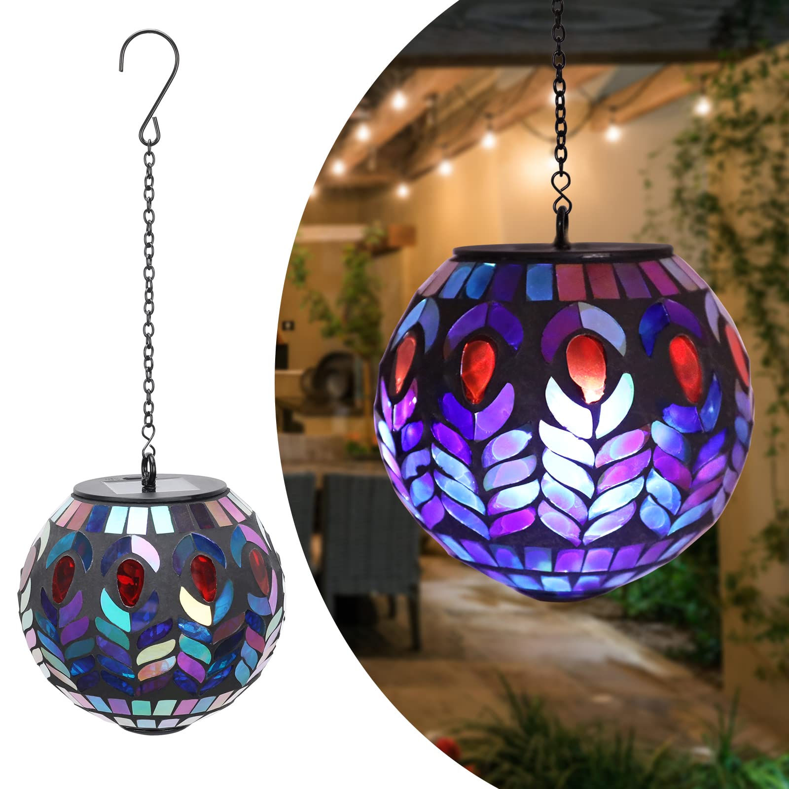 Solar Hanging Lantern Outdoor Waterproof - Decorative Mosaic Gazing Ball Solar Lights for Garden, Patio, Pathway & Yard | Perfect for Outdoor Parties, Camping & Backyard Decor