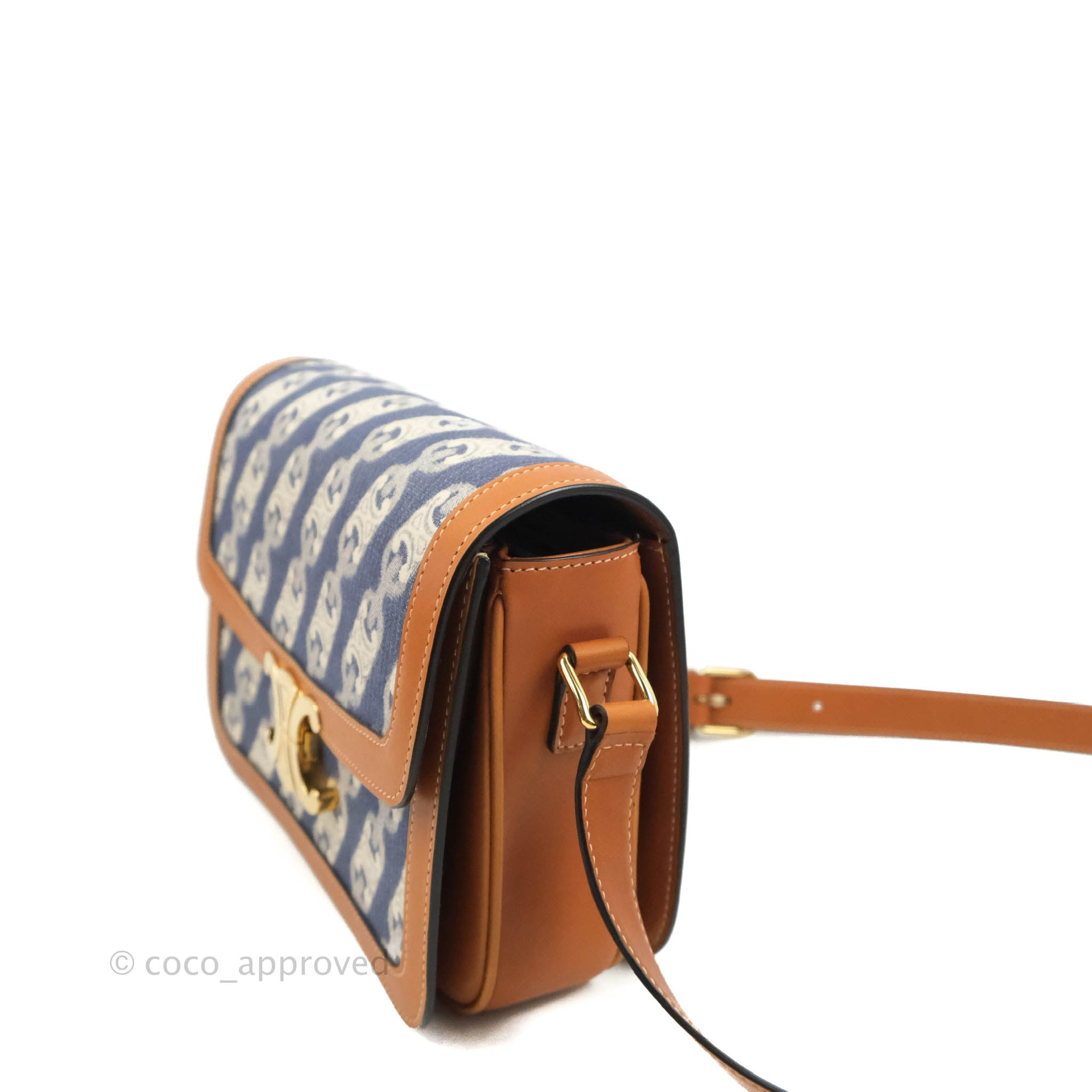 Celine Medium Triomphe Bag in Jacquard Canvas & Tan Calfskin with Chain Strap - Luxury Crossbody Purse for Women, Perfect for Work, Date Night & Travel