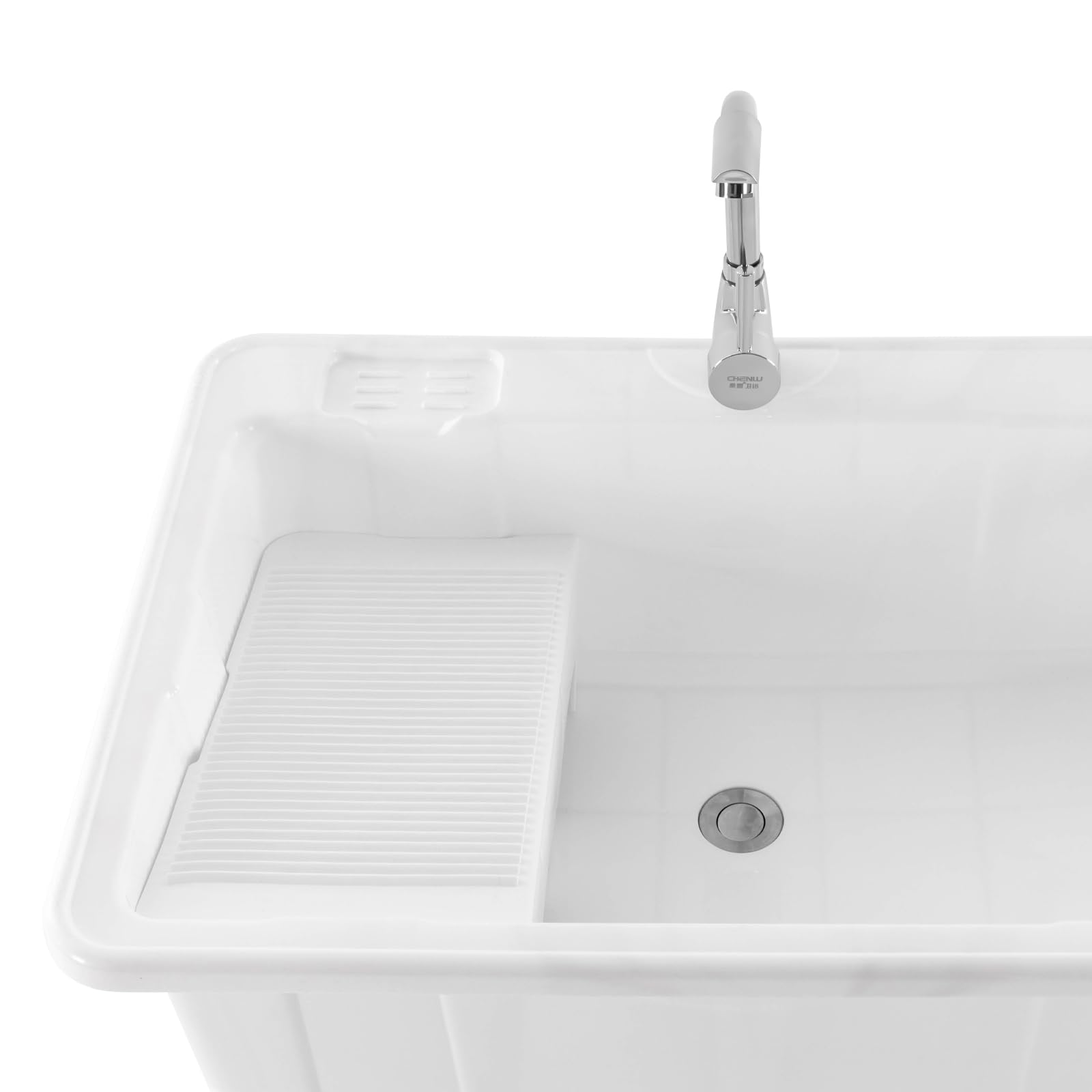 **Freestanding Plastic Laundry Sink with Faucet & Storage Shelf – Durable Utility Tub for Laundry Room, Garage, Basement & Outdoor Use – White (Indoor/Outdoor Wash Tub for Cleaning, Gardening & DIY Projects)**