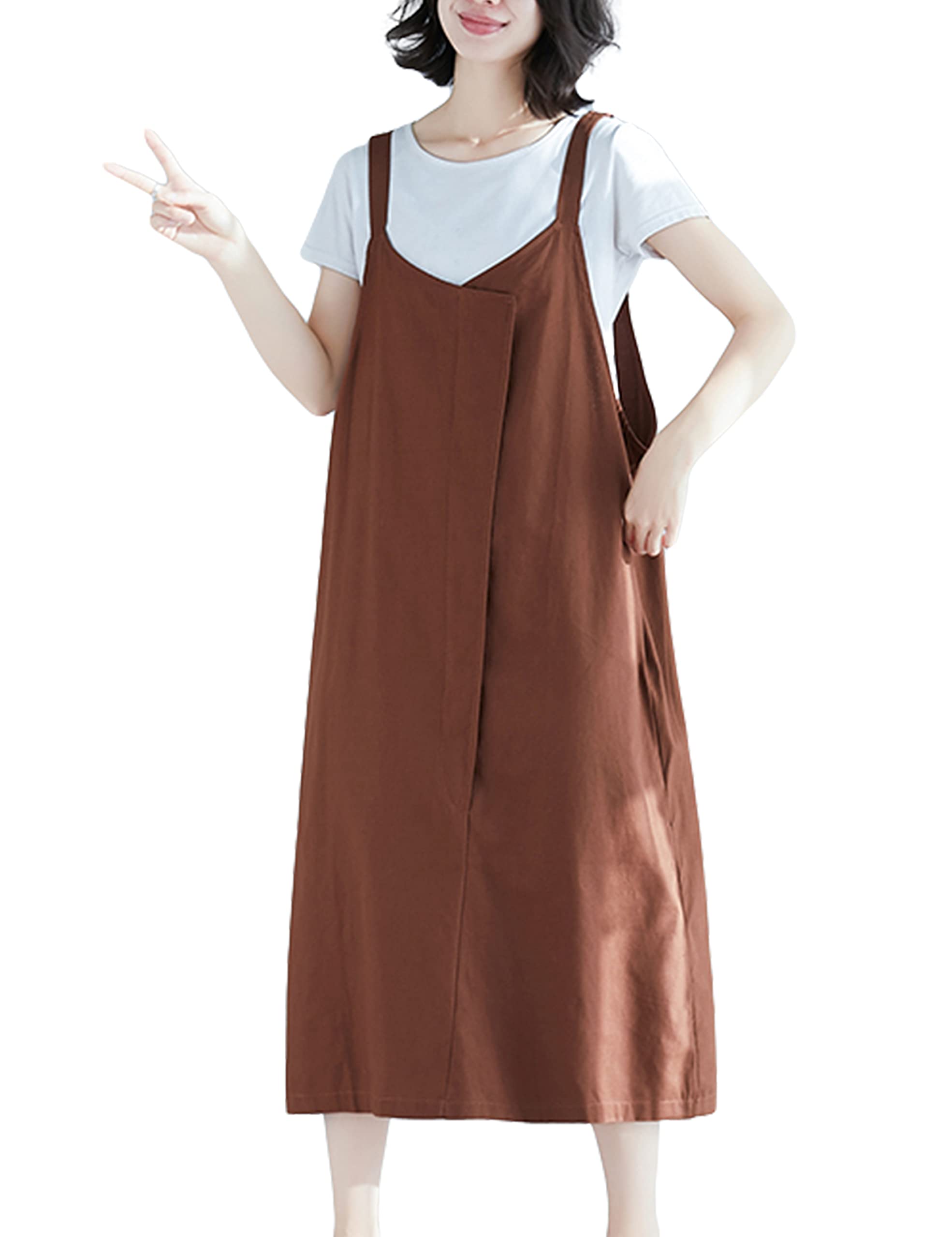 Hooever Women's Casual Cotton Linen Pinafore Dress with Pockets - Solid Color Midi Overall for Spring Summer Outfits, Picnic Dates & Boho Style