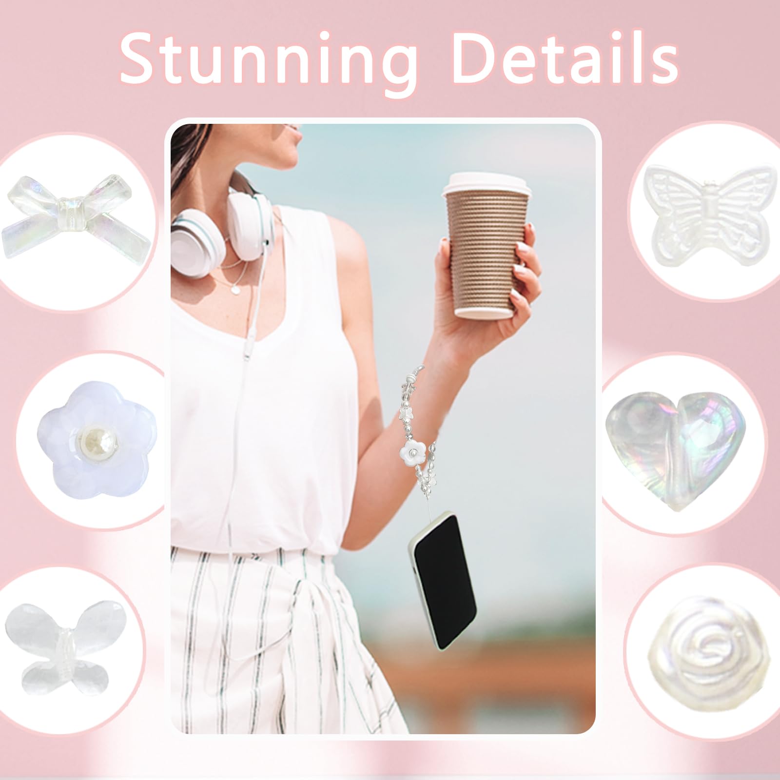 Cute Strawberry Phone Charms with Bowknot Heart - Aesthetic Beaded Phone Strap for iPhone, Samsung, AirPods & Keys - Kawaii Pink/White Accessory for Girls, Teens & Women (Perfect for School, Work & Travel)