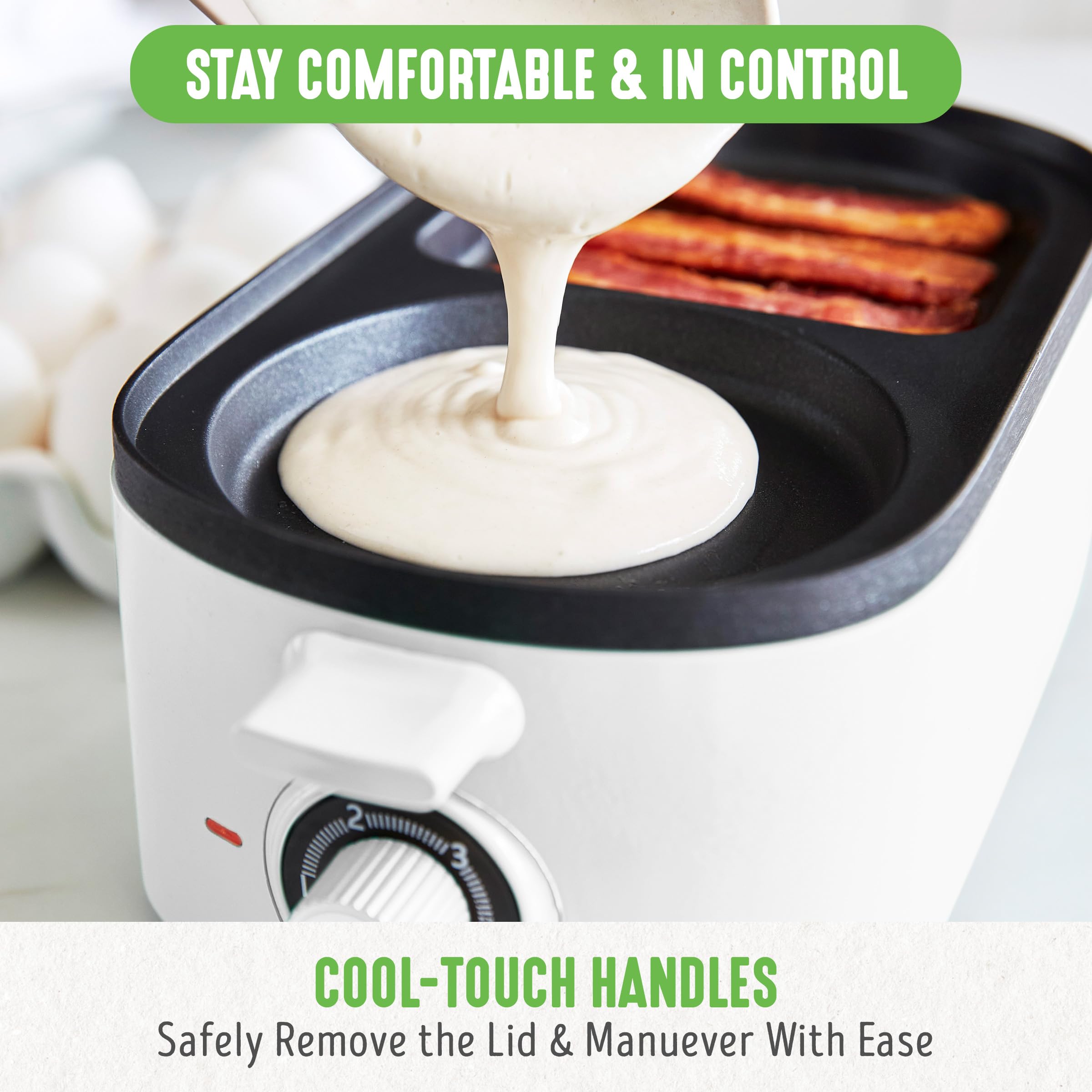 GreenLife 3-in-1 Breakfast Maker Station - Healthy Ceramic Nonstick Dual Griddles for Eggs, Meat, Sausage, Bacon & Pancakes - 2 Slice Toaster with Timer - Perfect for Quick Breakfast, Camping & Small Kitchens - White