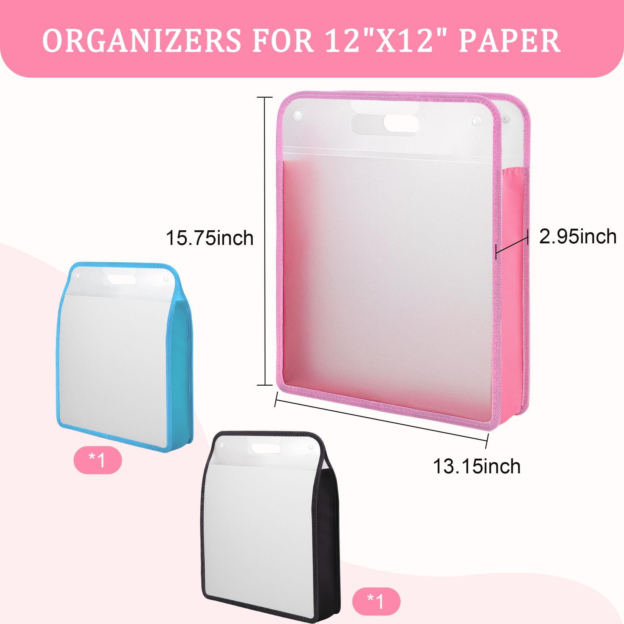 Caydo 3-Pack Clear Expanding Scrapbook Paper Organizer with Handle - 12x12 Portable Paper Storage for Scrapbooking, Vinyl, Cardstock (Blue, Pink, Black) - Perfect for Craft Rooms, Scrapbook Projects & Art Supplies Organization