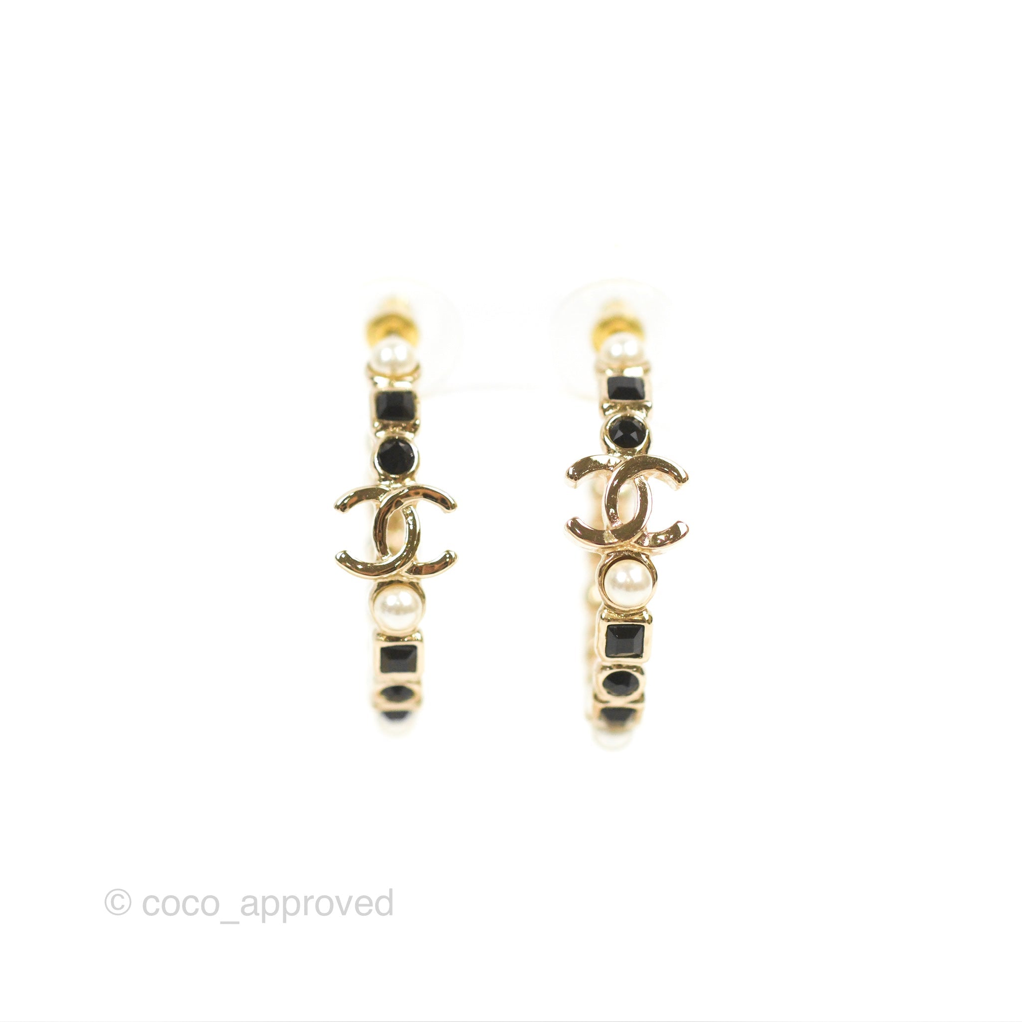 Chanel CC Pearl Black Rhinestone Hoop Earrings - Gold Tone 23V - Luxury Fashion Jewelry for Women, Perfect for Parties, Weddings & Special Occasions