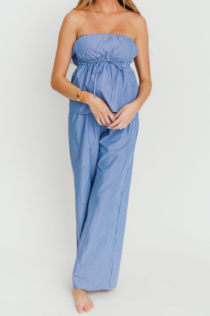 Women's 100% Cotton Tube Top and Pants Set - Blue Striped Casual Outfit for Summer, Beach, Yoga & Lounge Wear