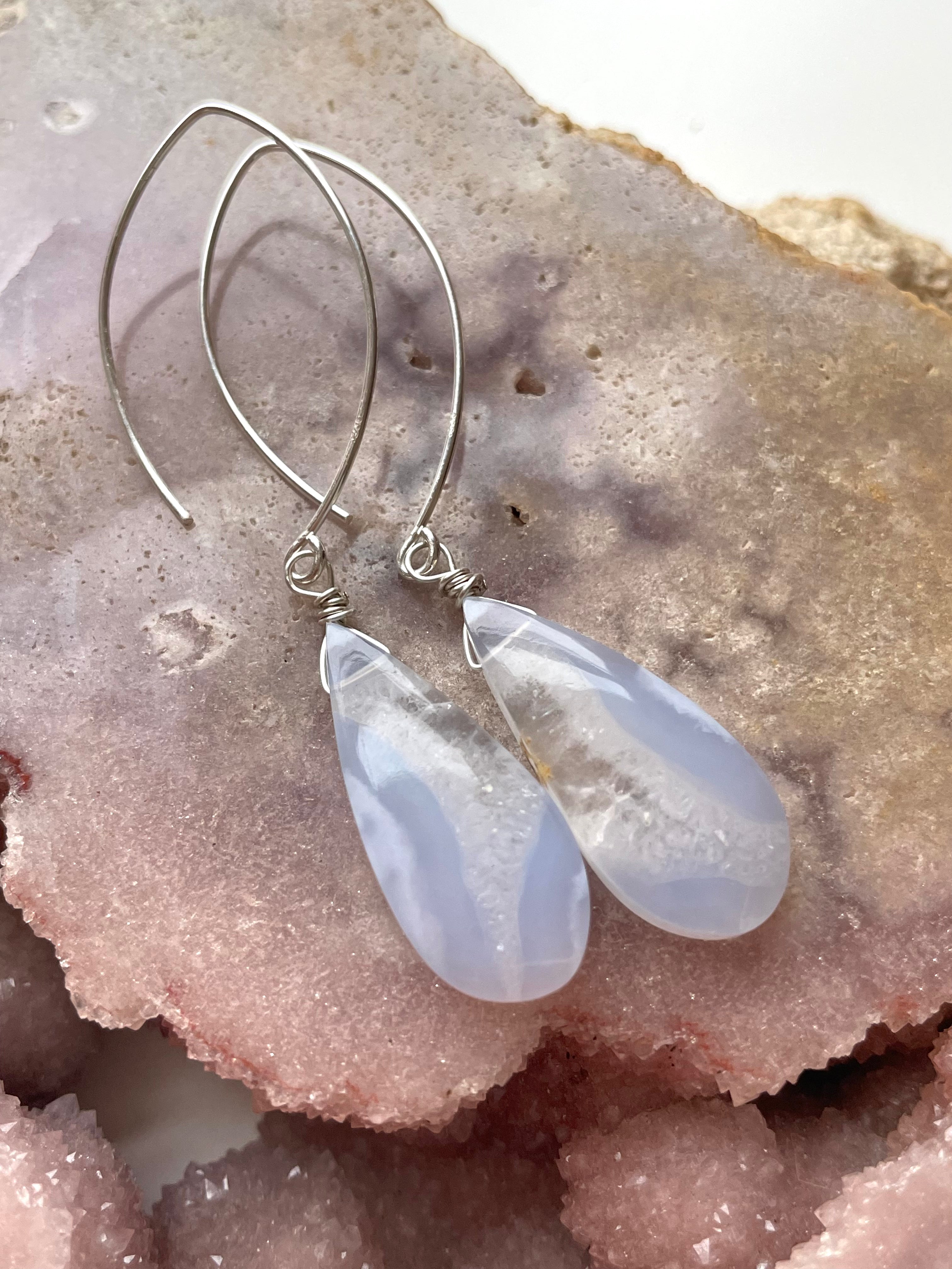 Blue Lace Agate Earrings Sterling Silver 925 - Handmade Dangle Earrings for Women, Perfect for Weddings, Parties & Everyday Wear