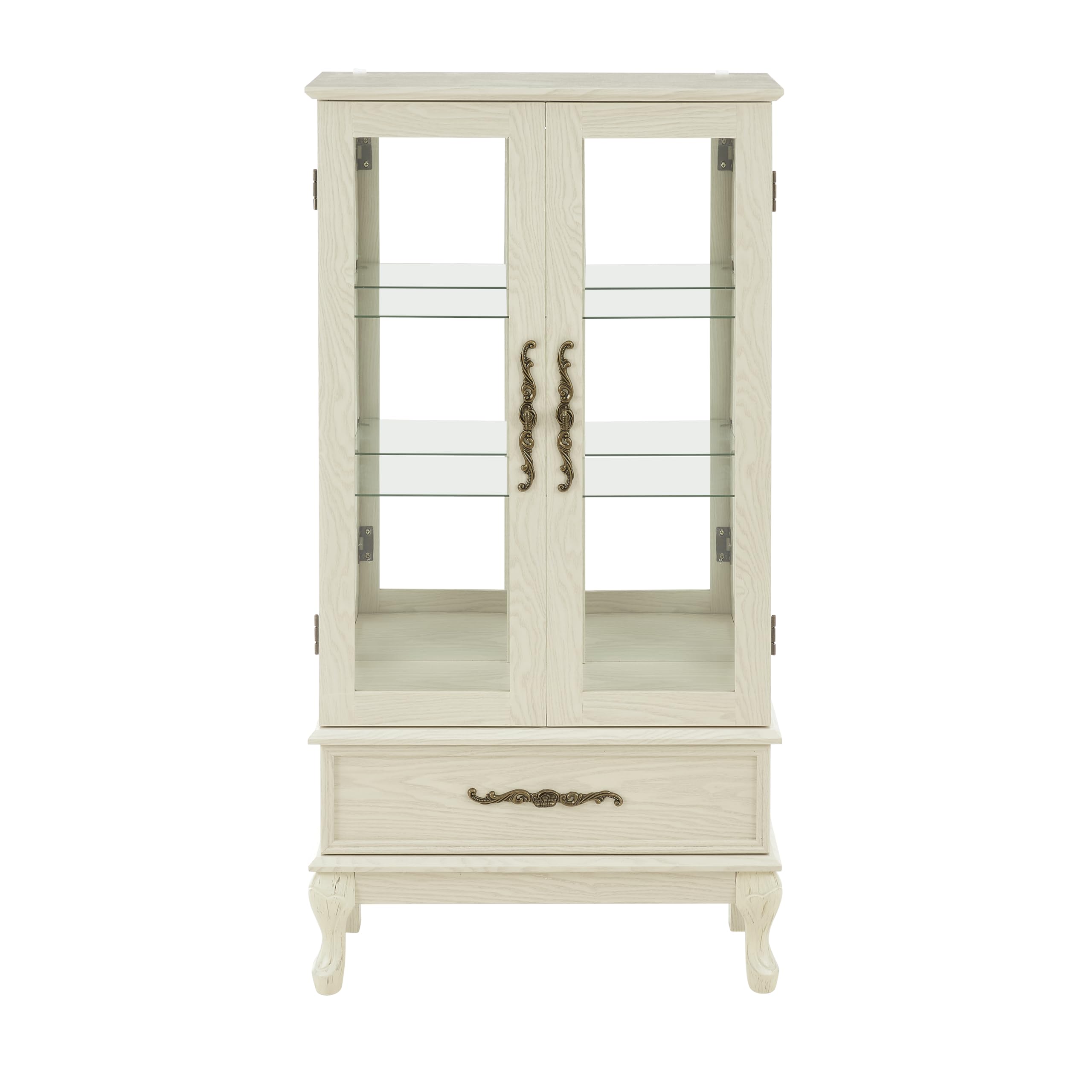 Antique White Curio Cabinet with Adjustable Glass Shelves - 2 Door Glass Display Cabinet with Light Bulbs Included, Wine Storage & Sideboard for Living Room, Dining Room, or Home Office Decor