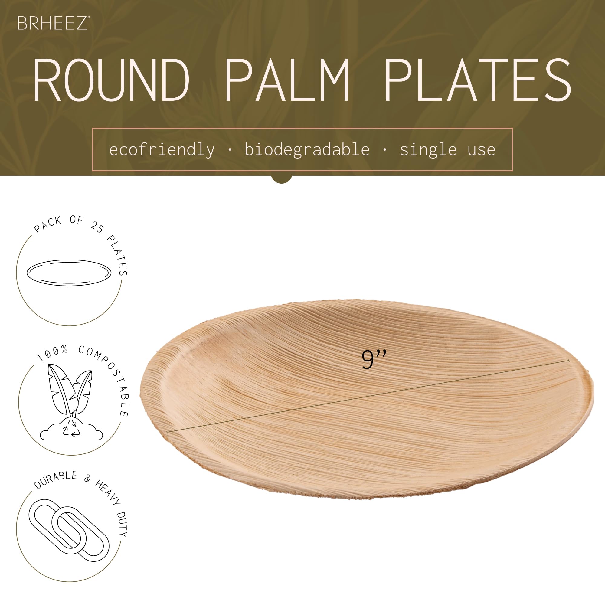 Eco-Friendly 9 Inch Palm Leaf Plates (25 Count) - Biodegradable & Compostable Disposable Dinnerware - Sturdy Bamboo-Look Plates for Parties, Picnics, BBQs & Sustainable Events - Better Than Paper Plates