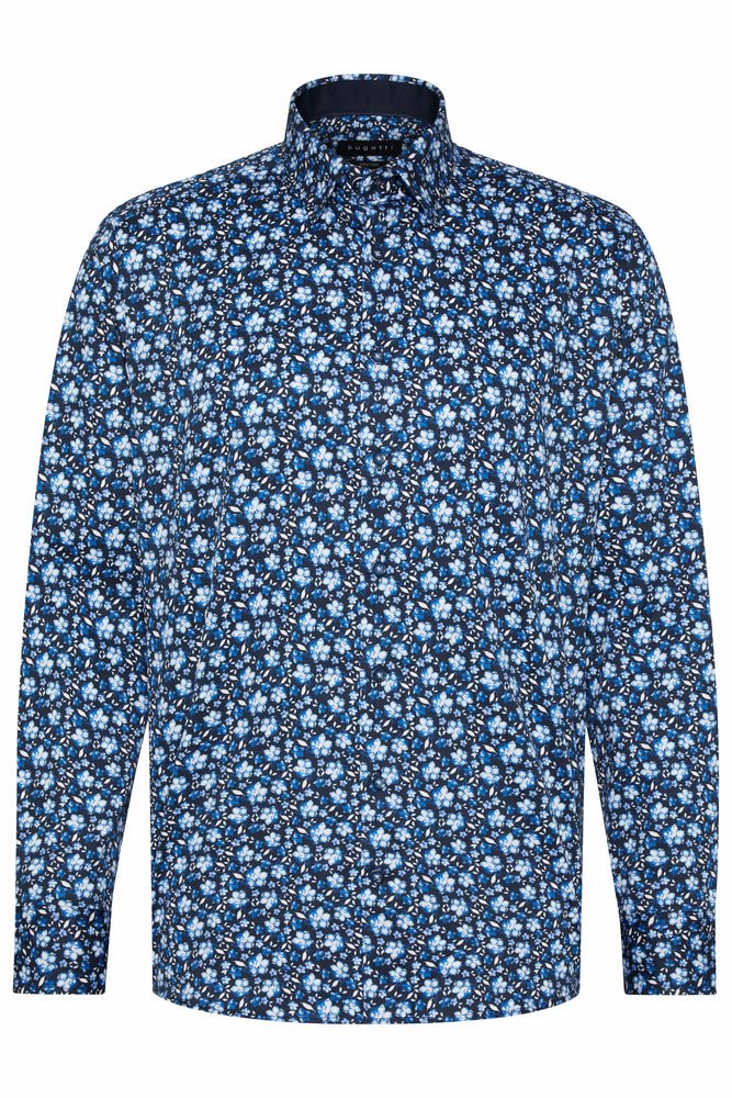 BUGATTI Printed Long Sleeve Cotton Shirt for Men - Comfortable Blue Casual Button Down Shirt | Perfect for Office, Date Night & Weekend Outings