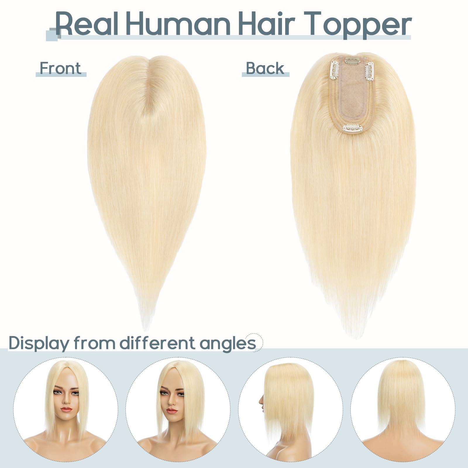 100% Remy Human Hair Topper for Women - 14 Inch Bleach Blonde Silk Base Hairpiece with Thinning Clip | Natural Looking Hair Replacement for Thinning Hair | Perfect for Daily Wear, Special Occasions & Styling