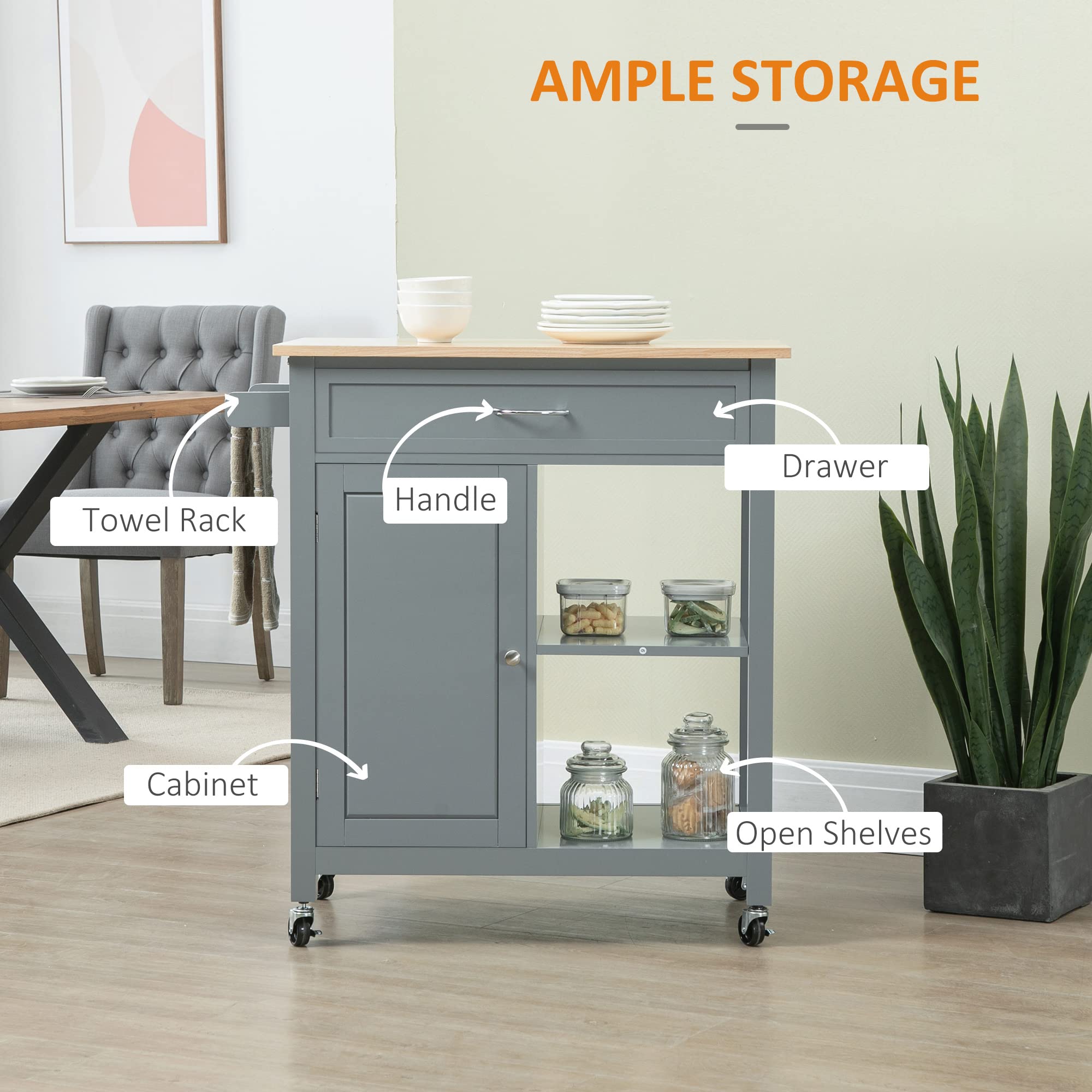 HOMCOM Kitchen Island Cart with Storage Shelf & Drawer - Solid Wood Top, Rolling Mobile Kitchen Organizer for Small Spaces - Perfect for Dining Room, Kitchen & Apartment - Gray
