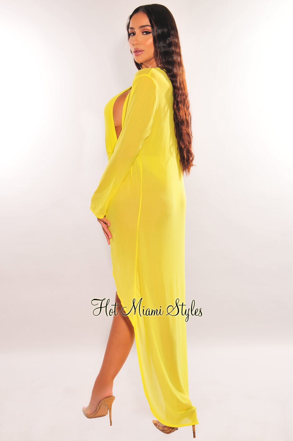 Stylish Yellow Mesh Long Sleeve High-Low Cut Cover Up - Perfect for Beach, Pool, and Summer Outfits