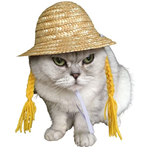Cute Pet Straw Sombrero Hat - Sun Cap with Braid for Small Dogs & Cats - Yellow Sun Bucket Cap for Birthday Party & Outdoor Play