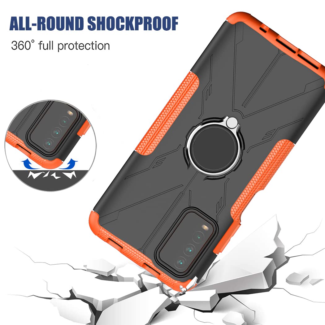Premium Shockproof Phone Case for Redmi 9T/Poco M3/Redmi Note 9 4G M2010J19SL with Tempered Glass Screen Protector & Metal Ring Holder Kickstand - Durable Protection Cover for Xiaomi Redmi 9T (Orange) - Perfect for Work, Travel & Outdoor Activities