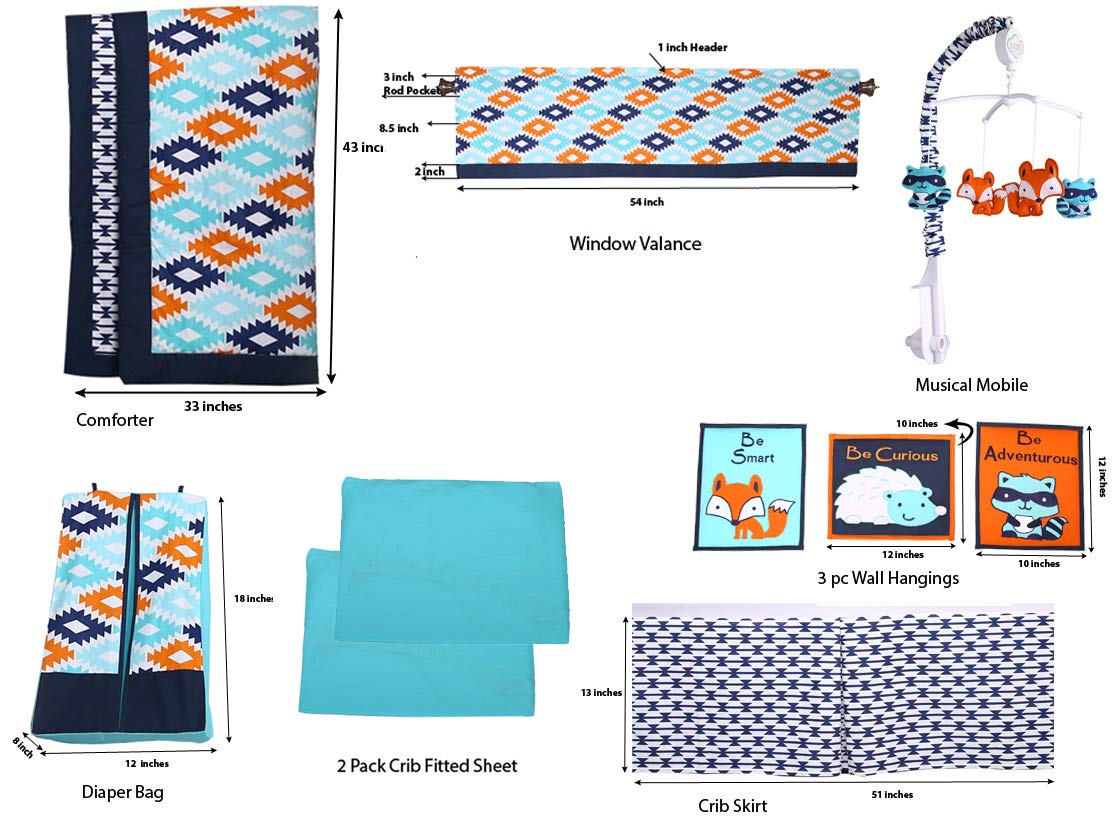 Bacati Liam Aztec Aqua Orange Navy 10-Piece Crib Set with 2 Crib Sheets - Soft Baby Bedding for Nursery, Boys & Girls Room Decor, Complete Crib Set for Newborns & Toddlers
